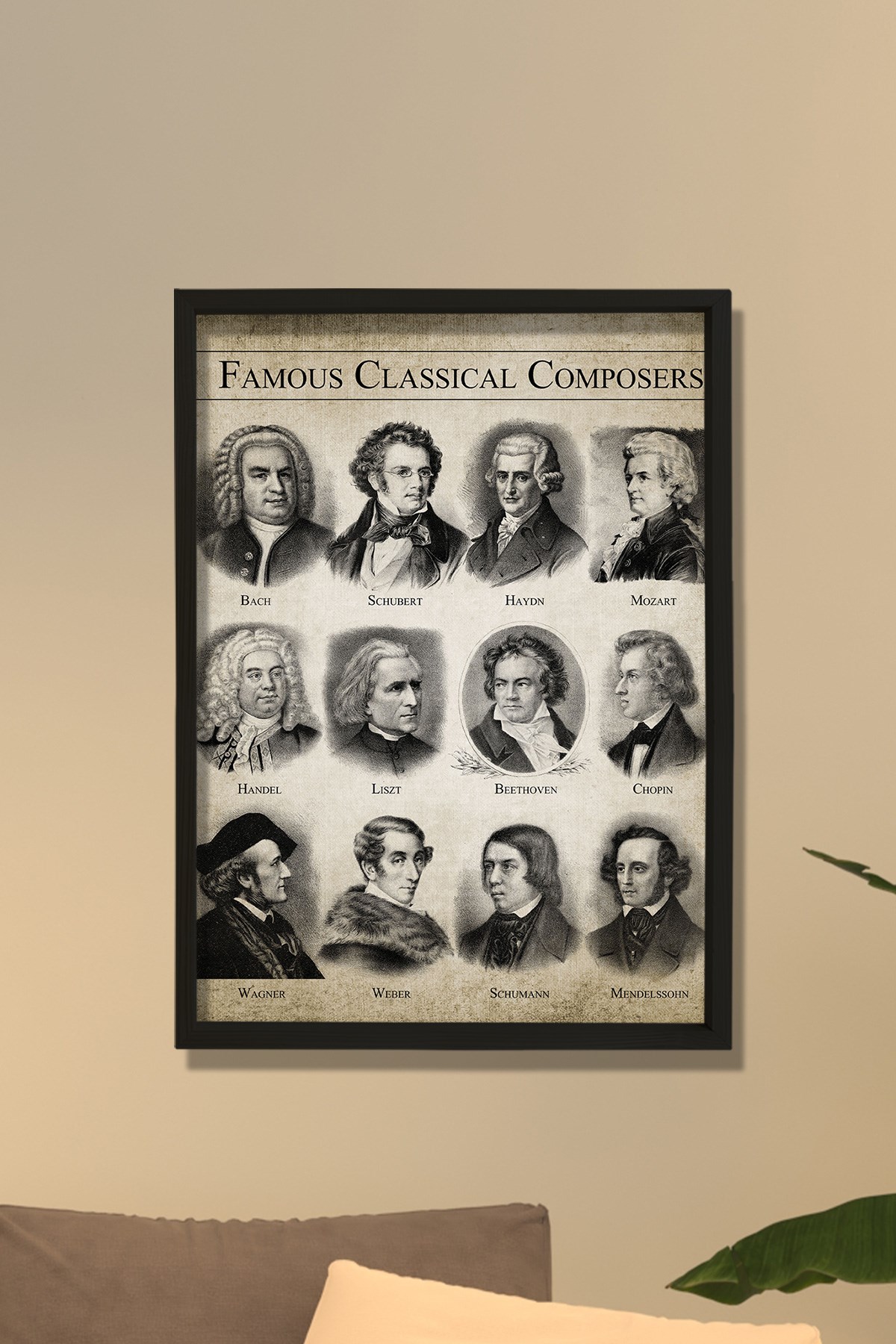 Doğal Çam Çerçeveli Duvar Tablosu Klasik Müzik Bestecileri