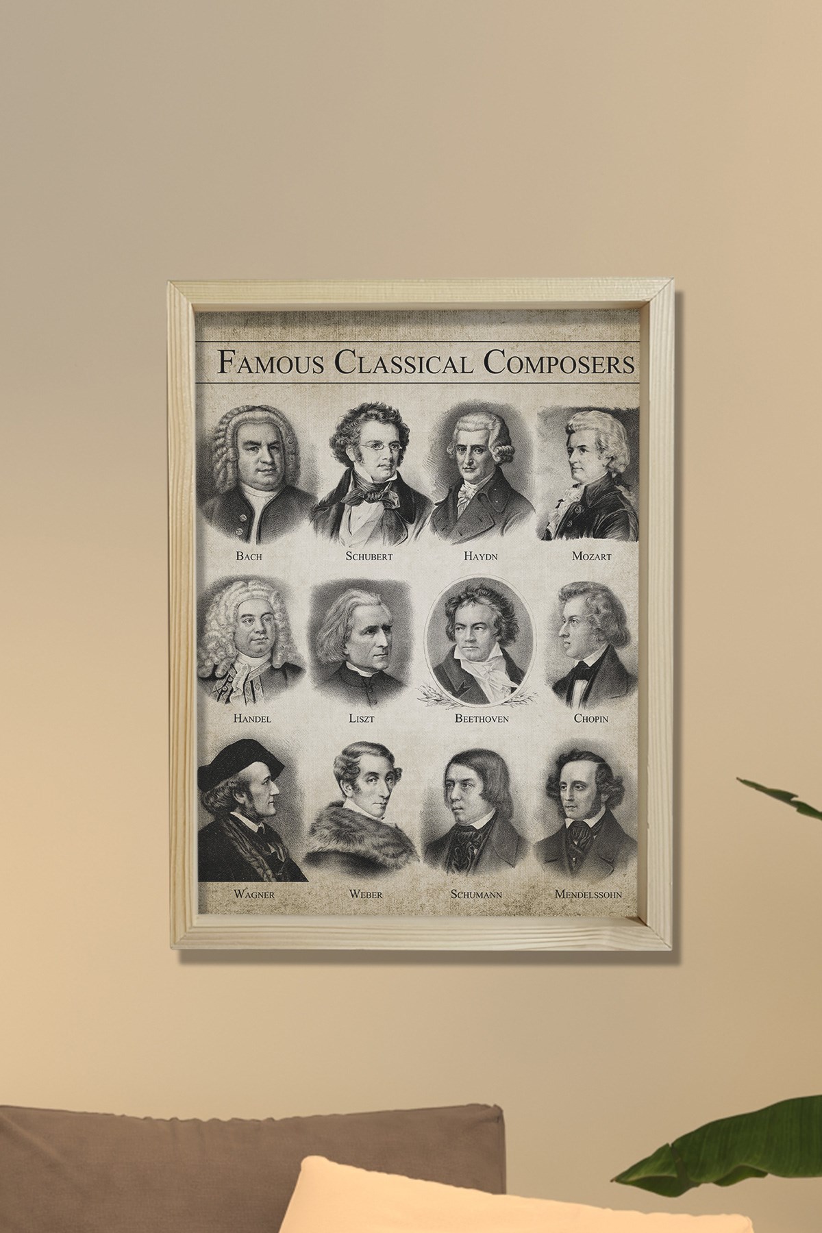 Doğal Çam Çerçeveli Duvar Tablosu Klasik Müzik Bestecileri