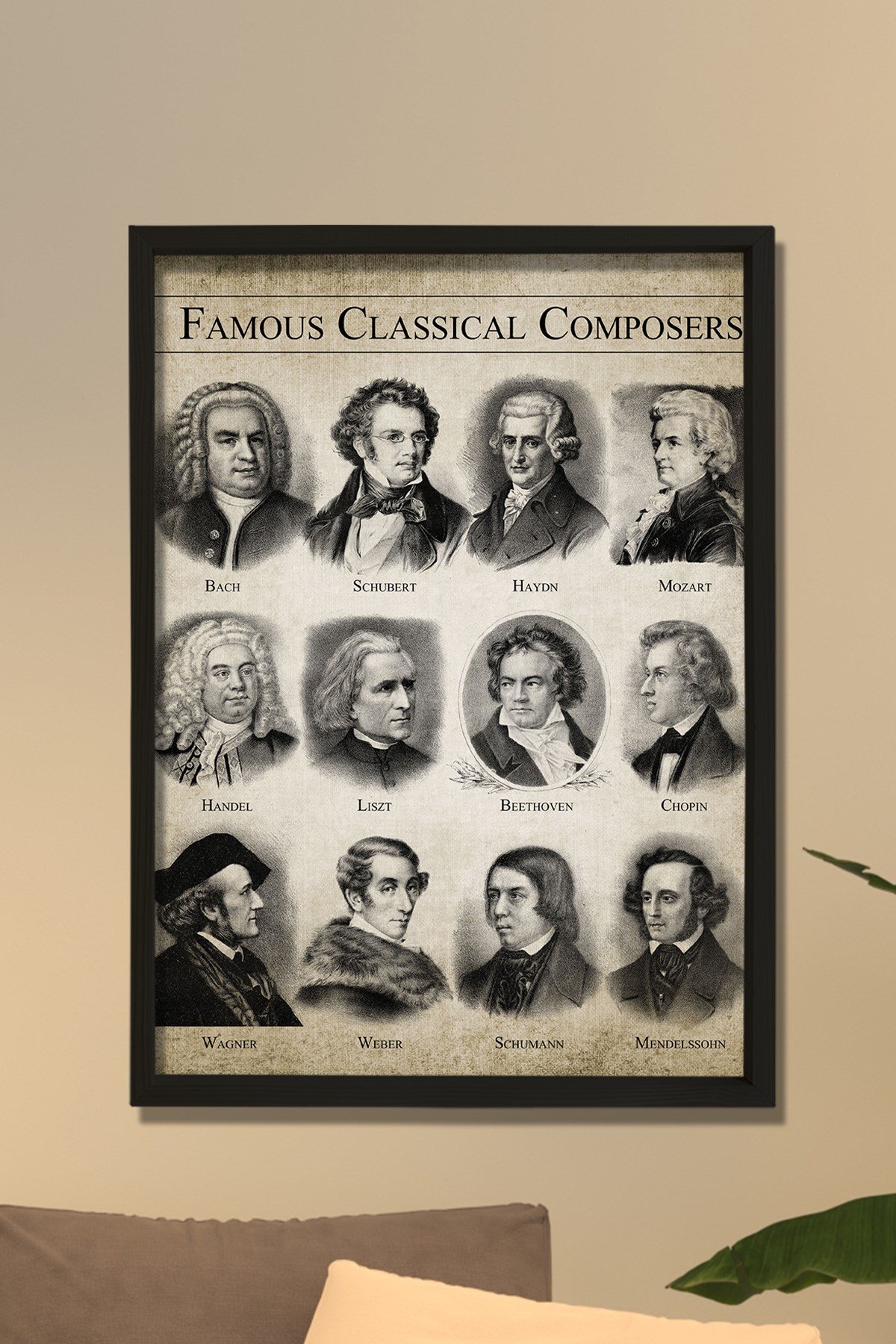 Doğal Çam Çerçeveli Duvar Tablosu Klasik Müzik Bestecileri