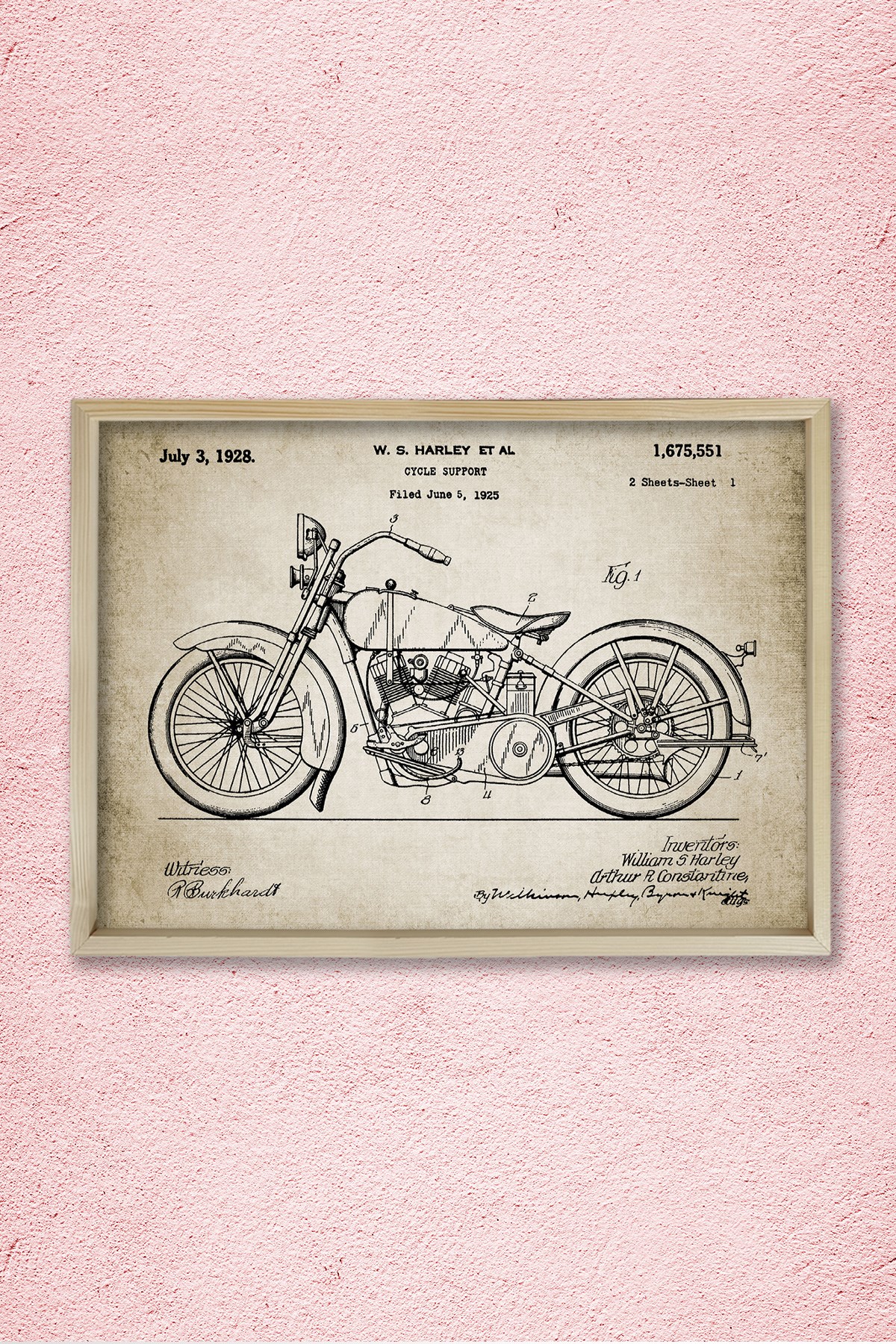 Doğal Çam Çerçeveli Duvar Tablosu Klasik Amerikan Motosiklet Patenti 1928