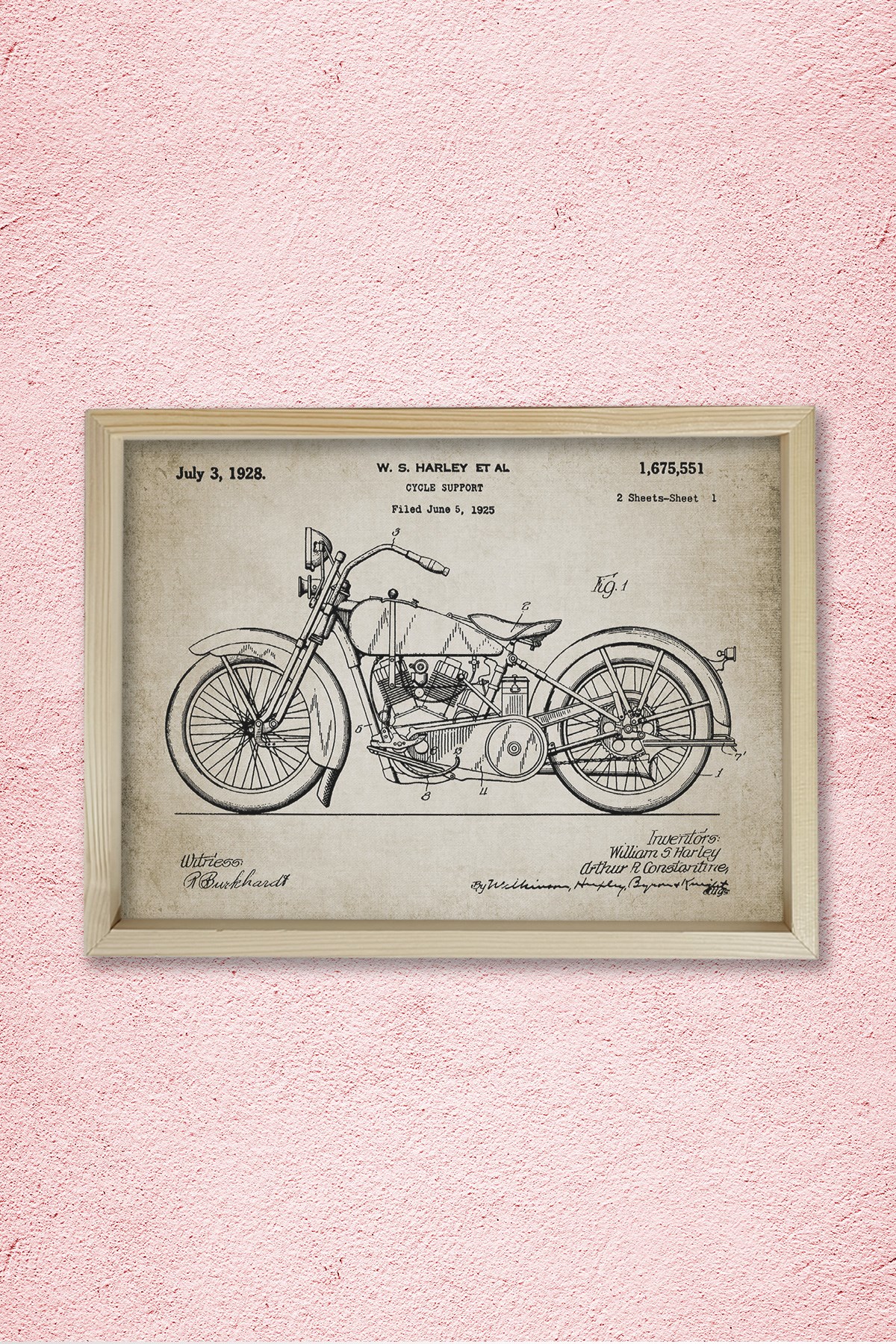 Doğal Çam Çerçeveli Duvar Tablosu Klasik Amerikan Motosiklet Patenti 1928