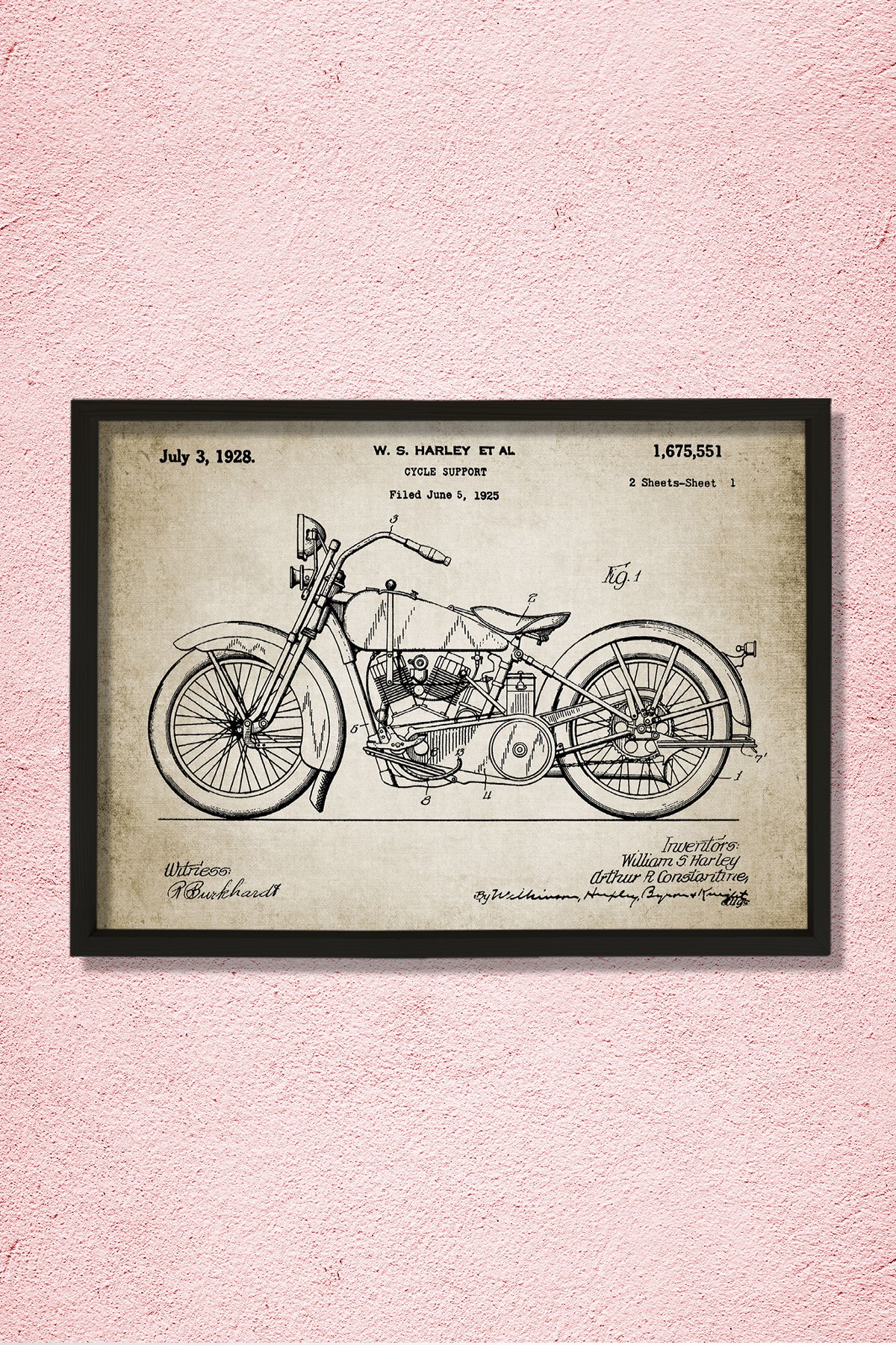 Doğal Çam Çerçeveli Duvar Tablosu Klasik Amerikan Motosiklet Patenti 1928