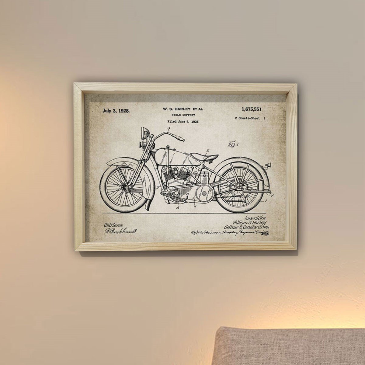 Doğal Çam Çerçeveli Duvar Tablosu Klasik Amerikan Motosiklet Patenti 1928