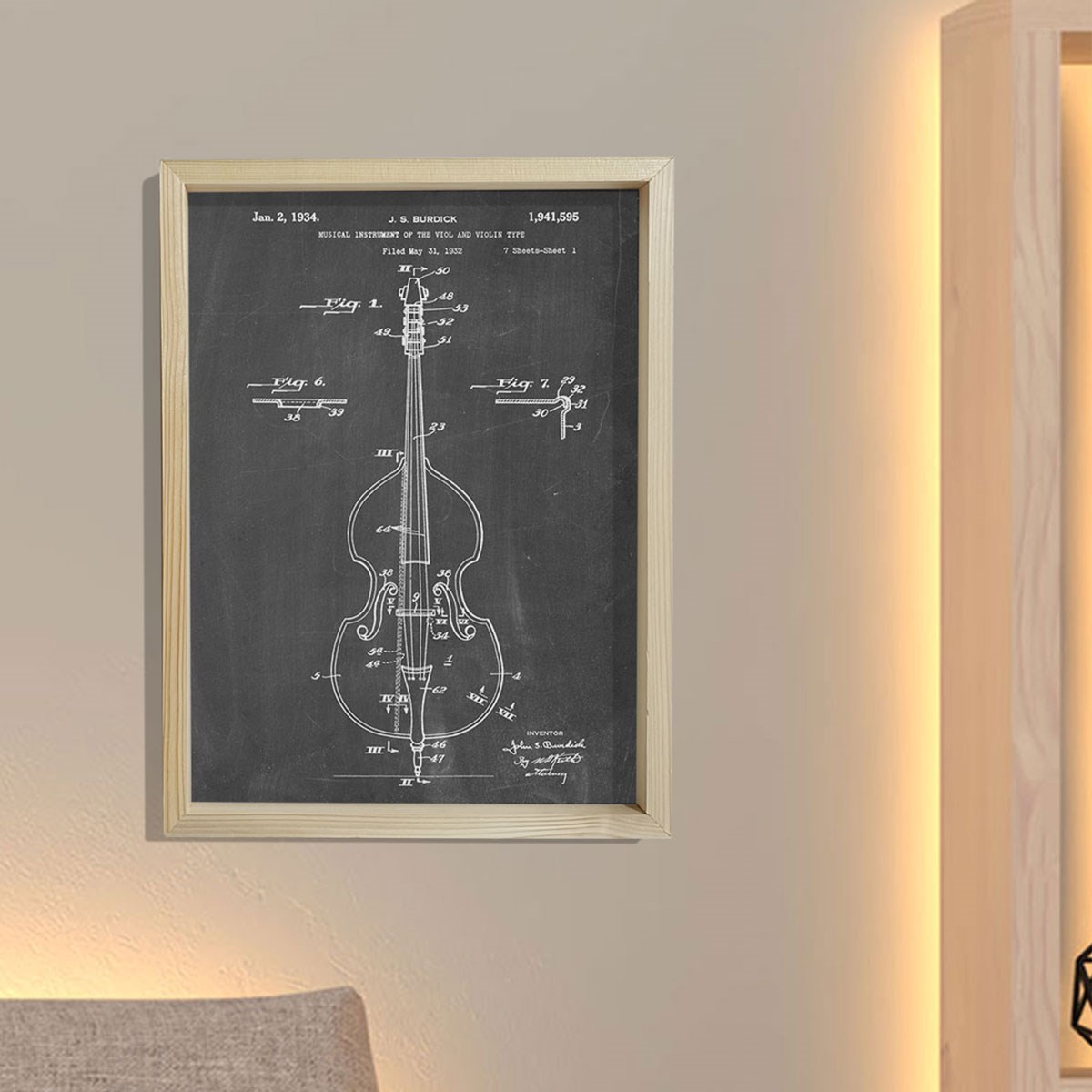 Doğal Çam Çerçeveli Duvar Tablosu Kontrbas Patent Baskı 1934