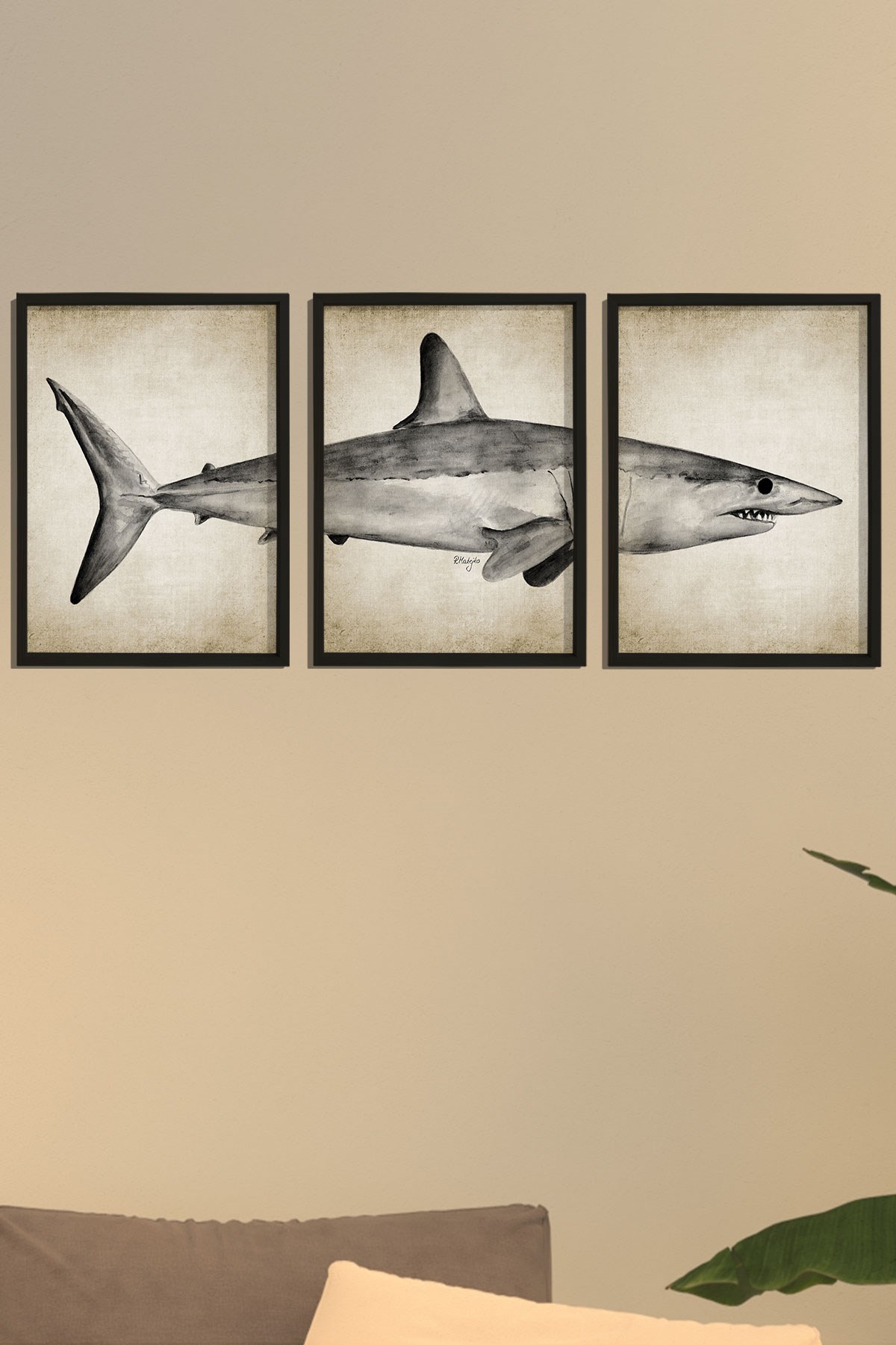 Doğal Çam Çerçeveli Duvar Tablosu Mako Köpekbalığı Triptik Boyama