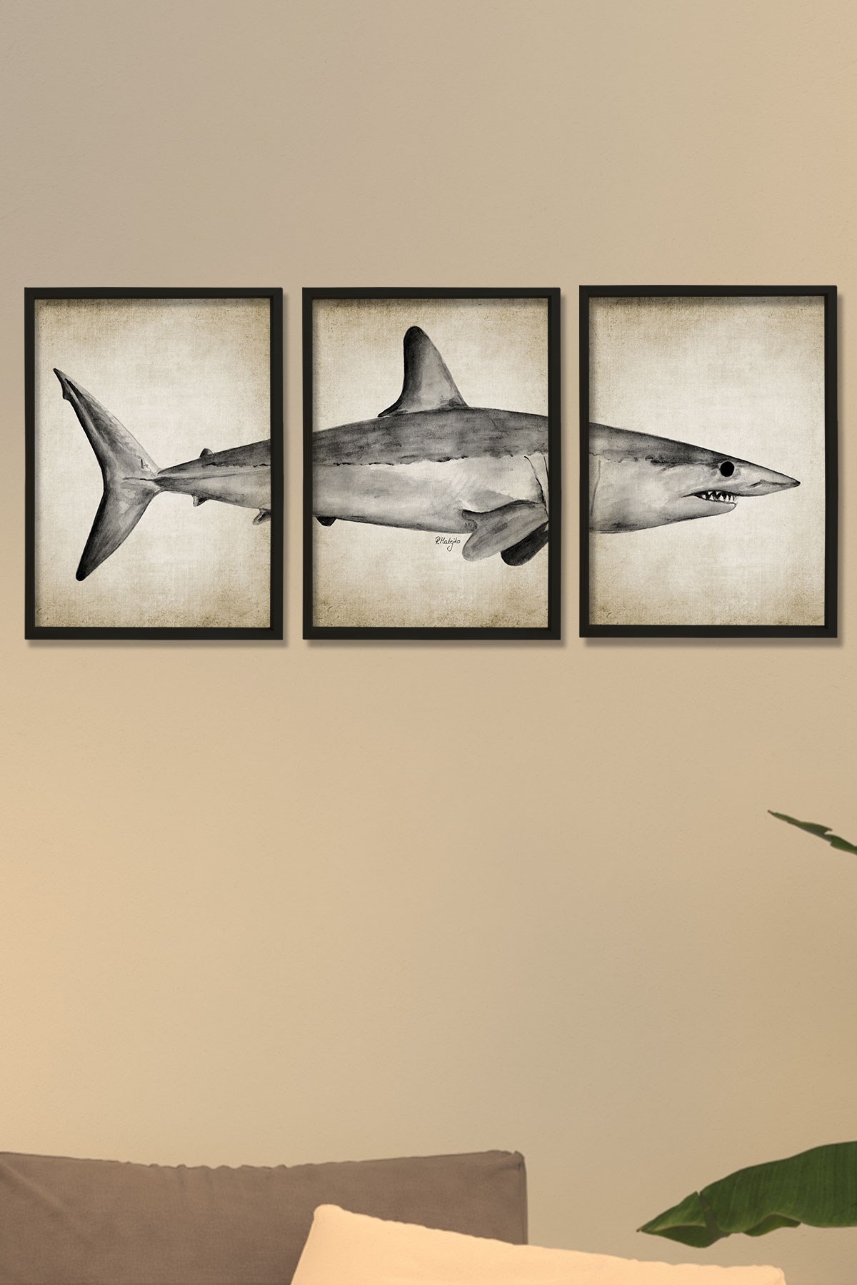 Doğal Çam Çerçeveli Duvar Tablosu Mako Köpekbalığı Triptik Boyama