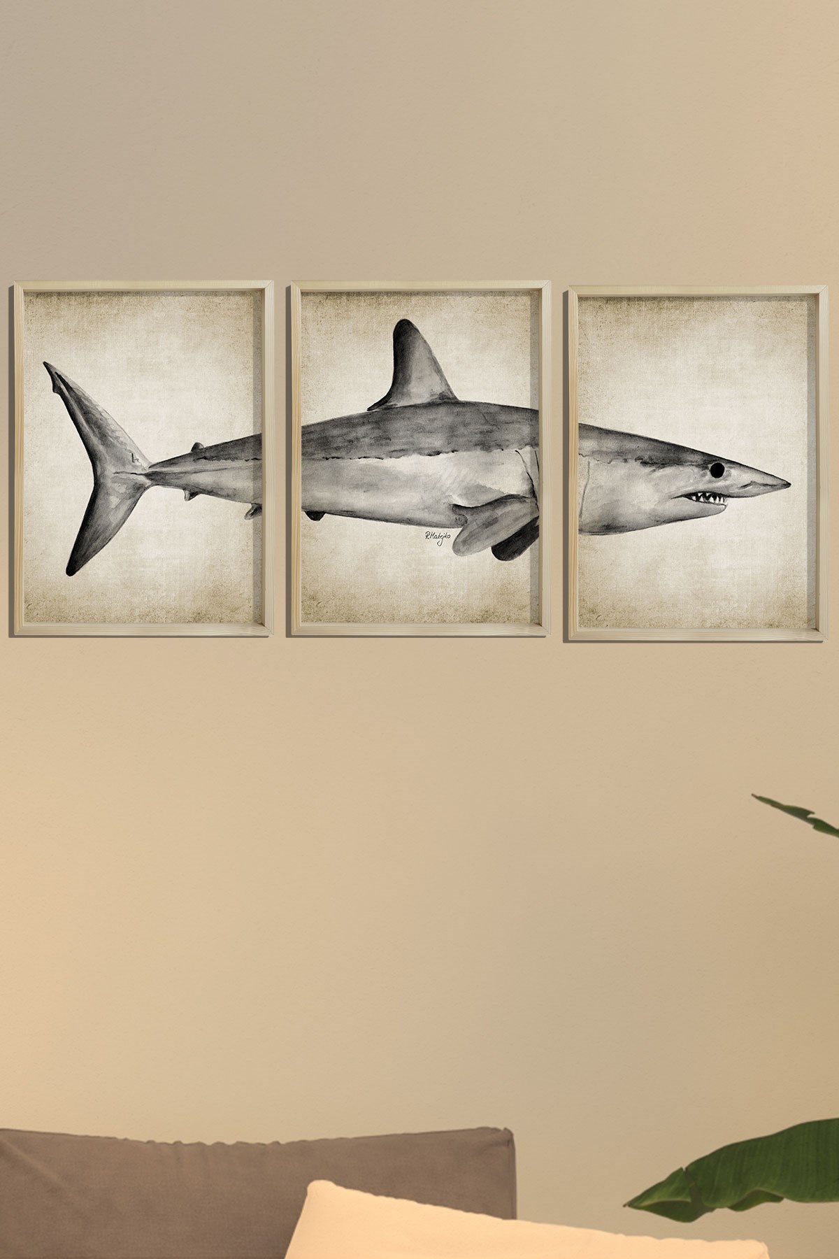 Doğal Çam Çerçeveli Duvar Tablosu Mako Köpekbalığı Triptik Boyama