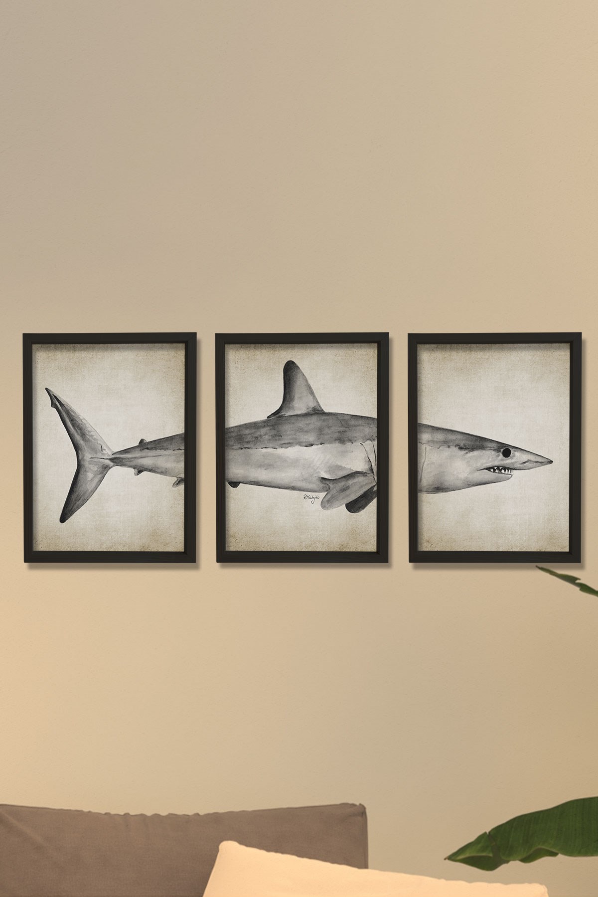 Doğal Çam Çerçeveli Duvar Tablosu Mako Köpekbalığı Triptik Boyama