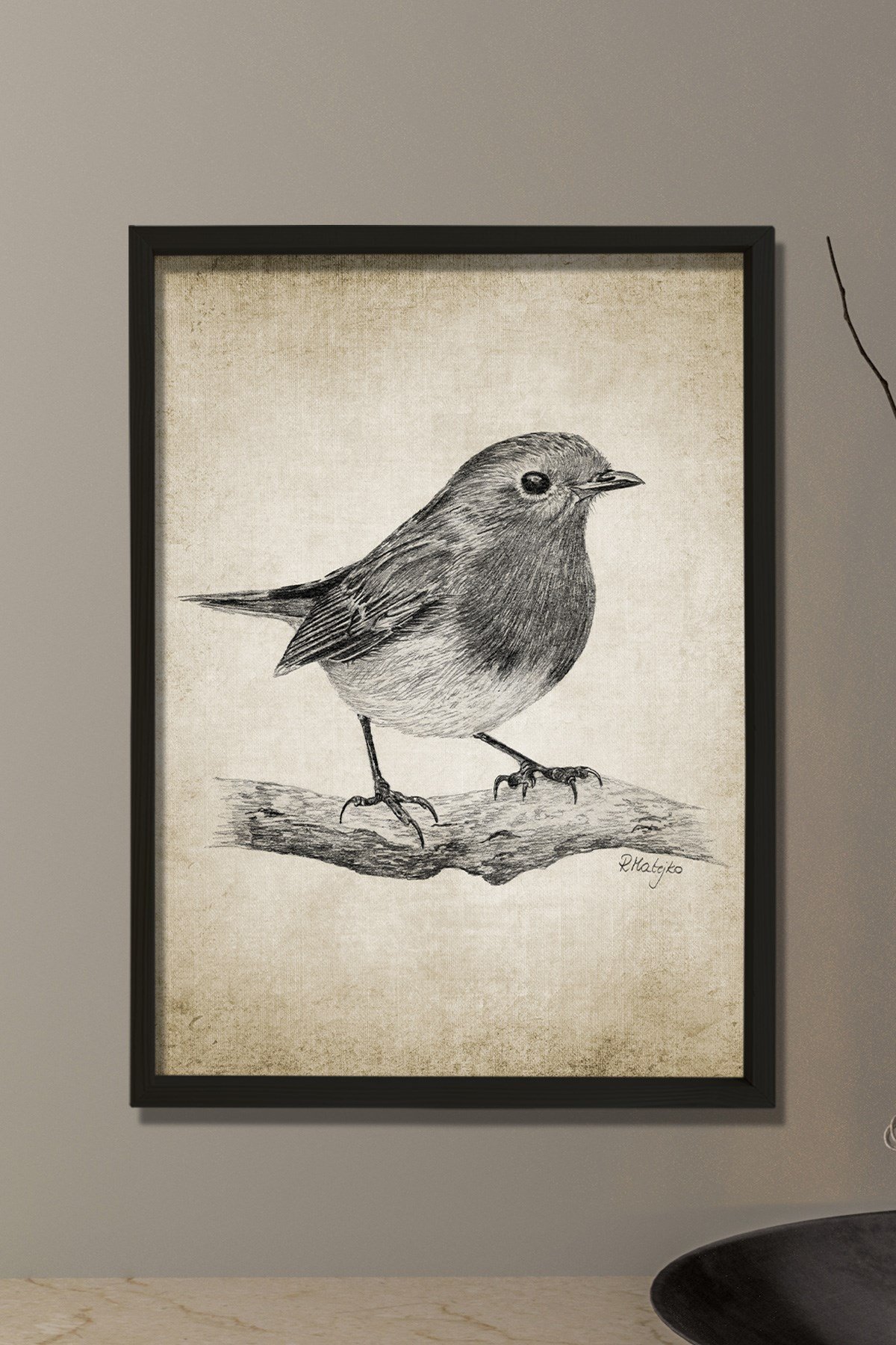 Doğal Çam Çerçeveli Duvar Tablosu Robin Kuşu Kurşun Kalem Çizimi