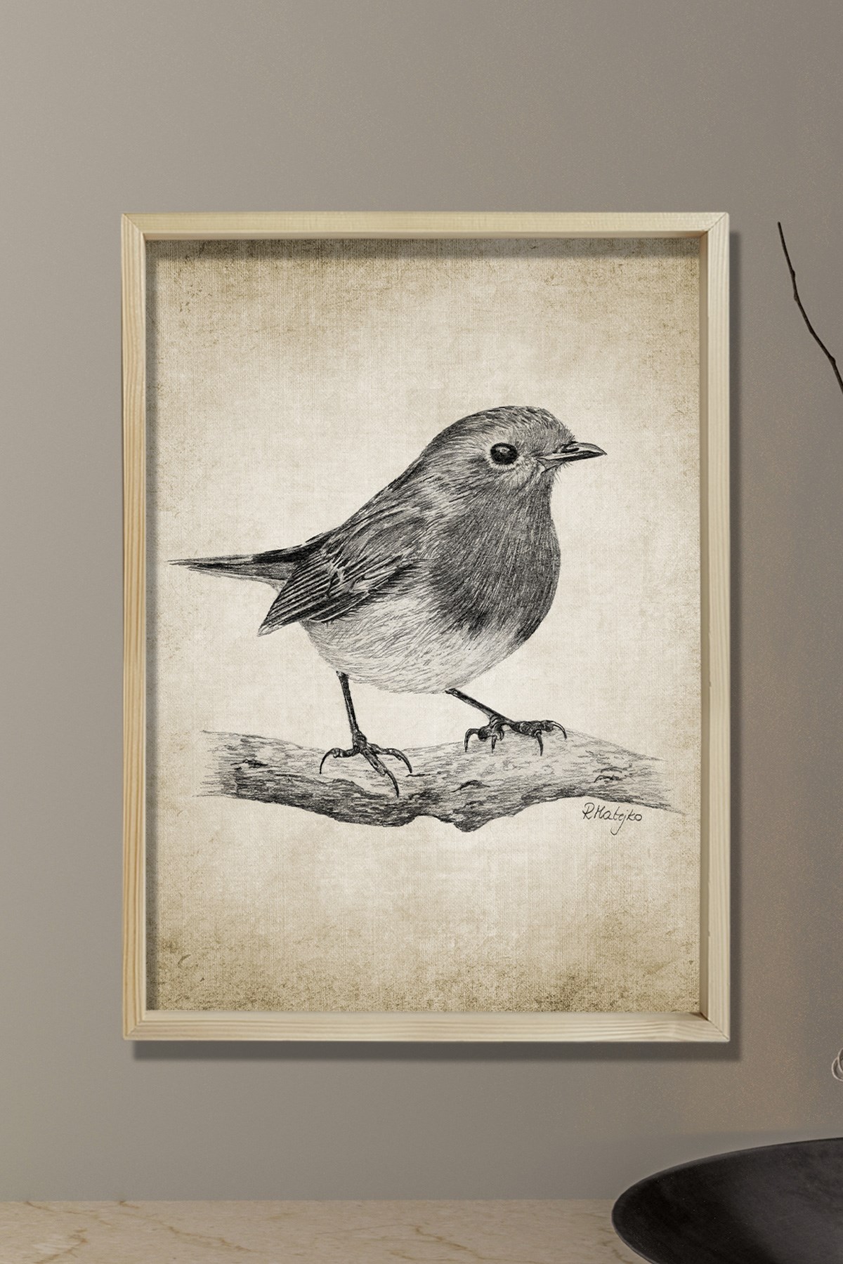 Doğal Çam Çerçeveli Duvar Tablosu Robin Kuşu Kurşun Kalem Çizimi