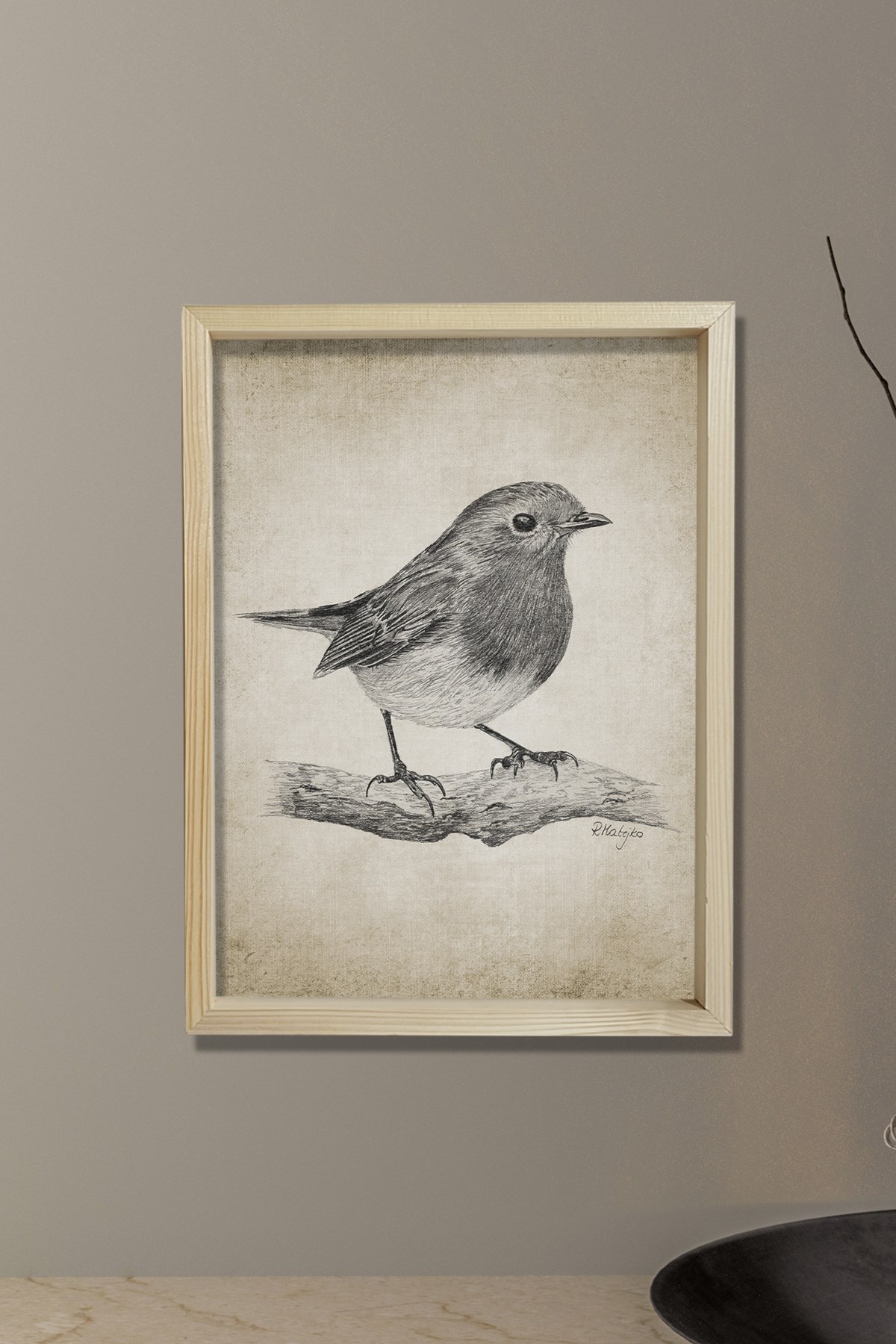 Doğal Çam Çerçeveli Duvar Tablosu Robin Kuşu Kurşun Kalem Çizimi