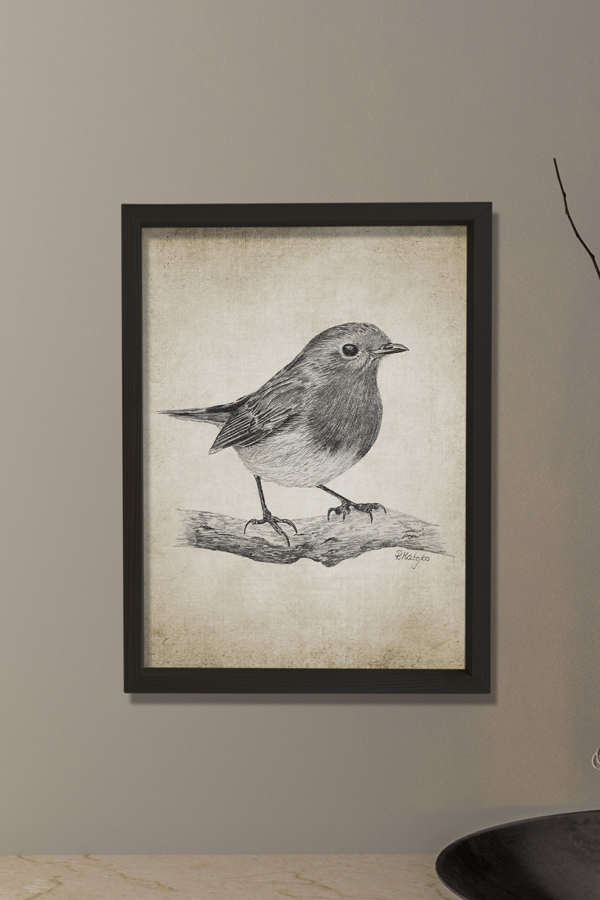 Doğal Çam Çerçeveli Duvar Tablosu Robin Kuşu Kurşun Kalem Çizimi