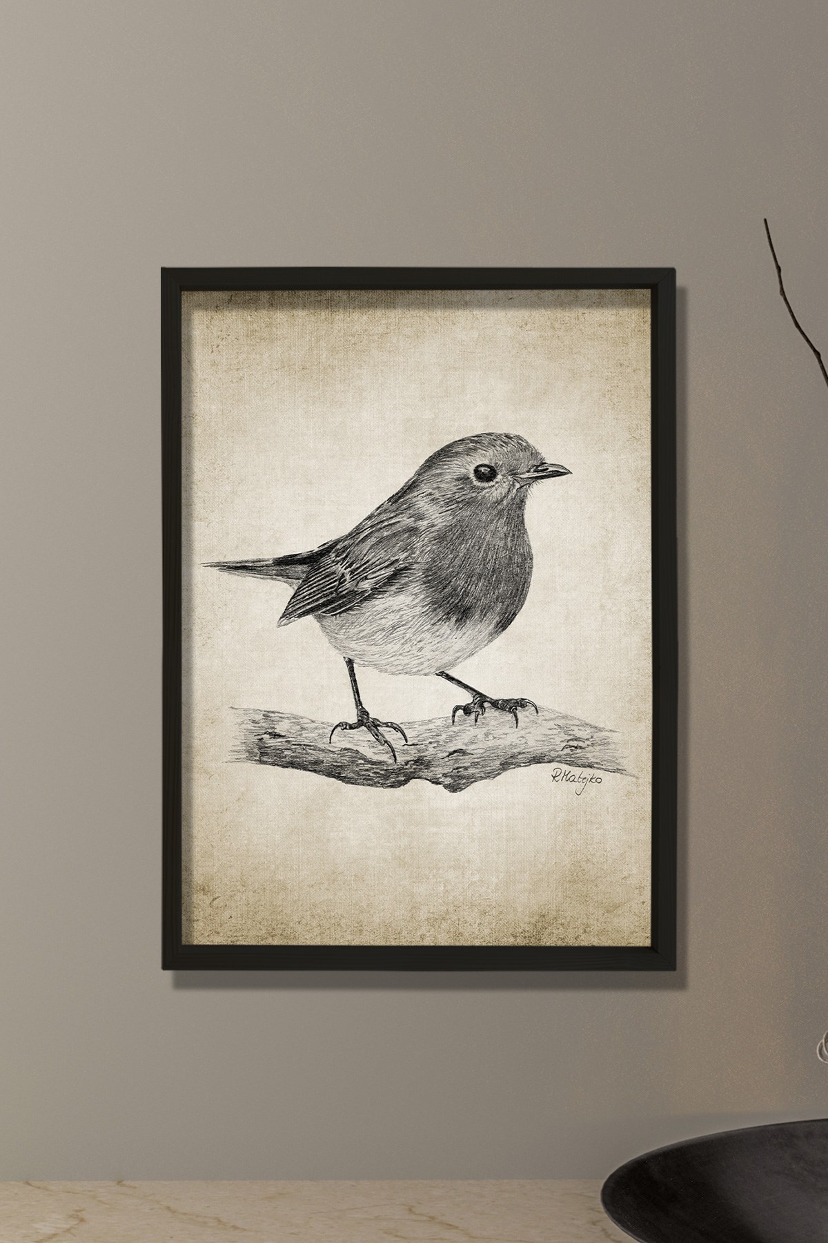 Doğal Çam Çerçeveli Duvar Tablosu Robin Kuşu Kurşun Kalem Çizimi