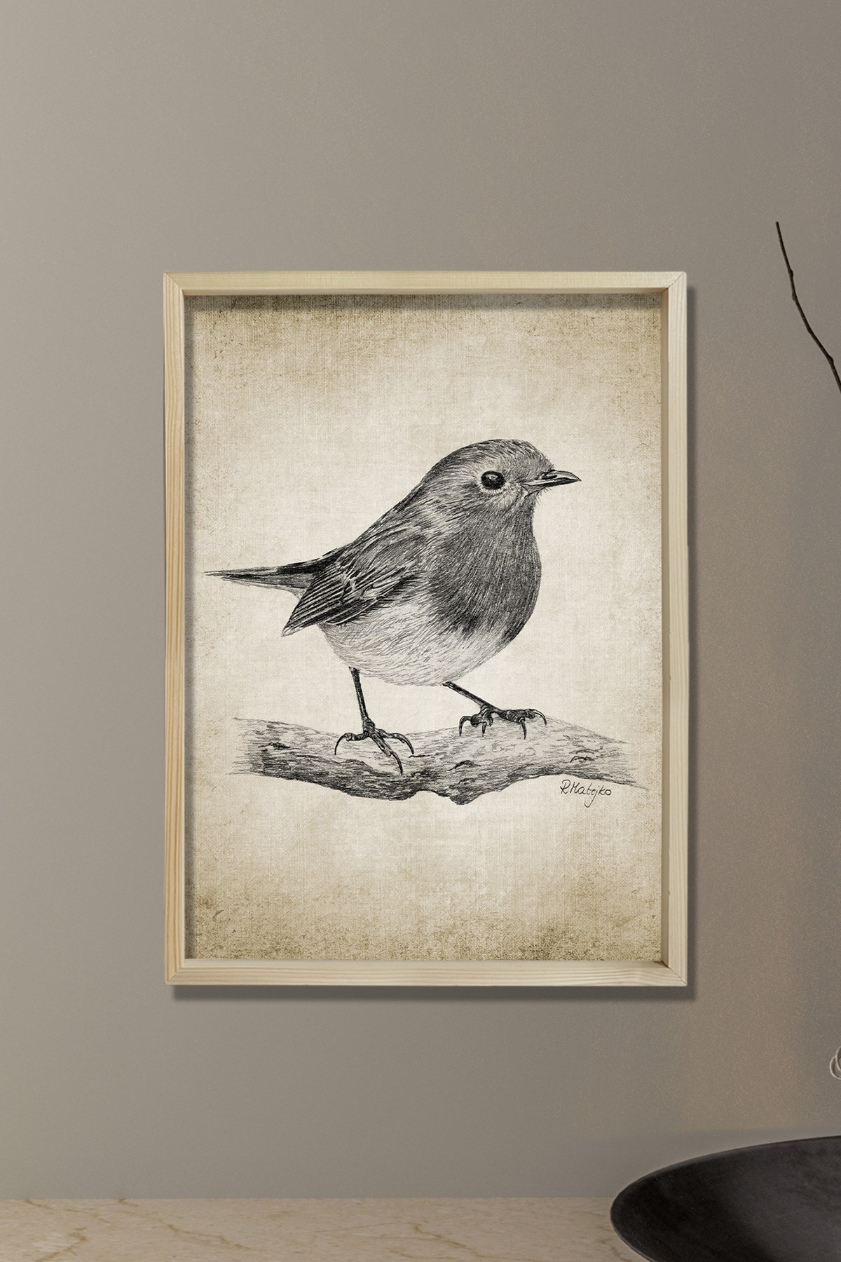 Doğal Çam Çerçeveli Duvar Tablosu Robin Kuşu Kurşun Kalem Çizimi