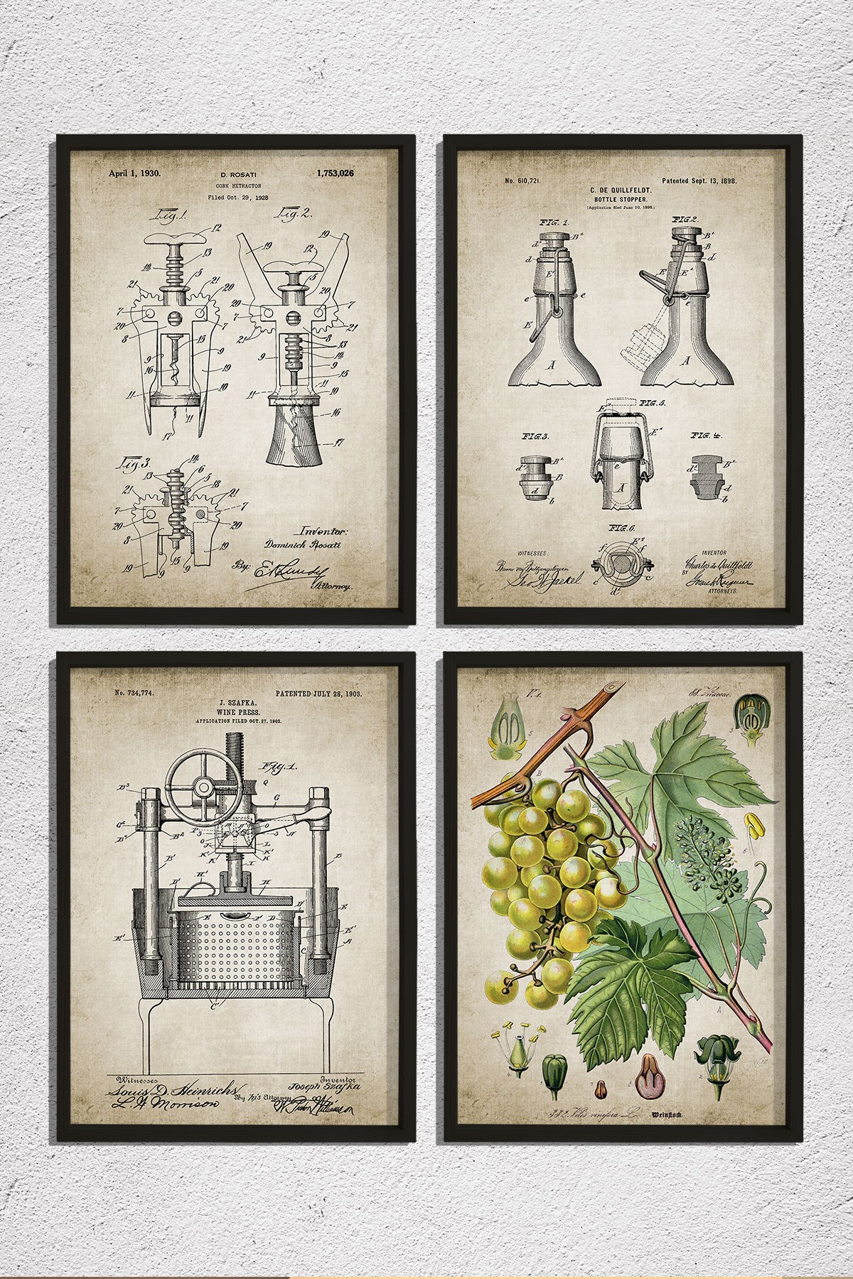 Doğal Çam Çerçeveli Duvar Tablosu Şarap Mahseni Patent Seti 1898 Yılı