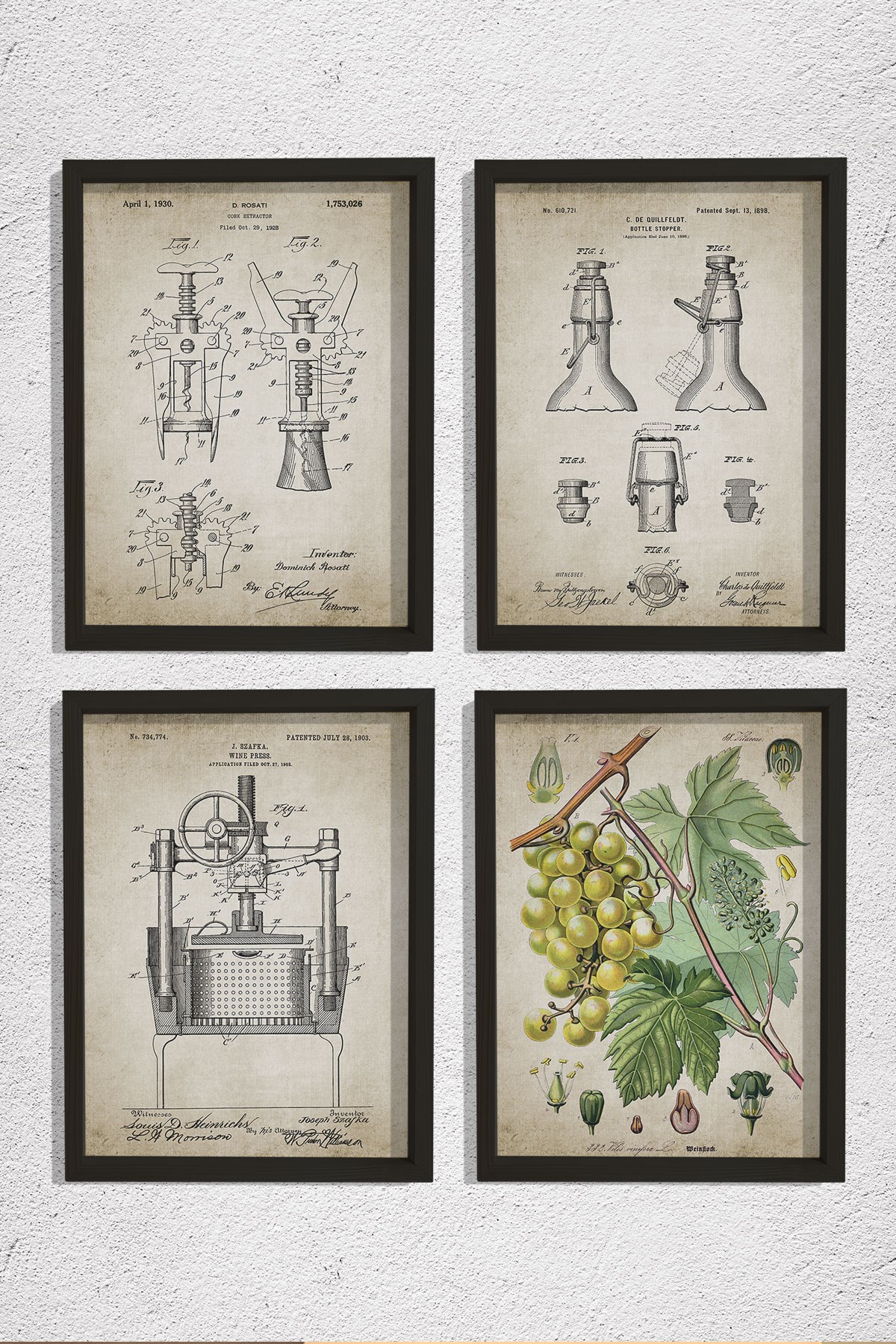 Doğal Çam Çerçeveli Duvar Tablosu Şarap Mahseni Patent Seti 1898 Yılı