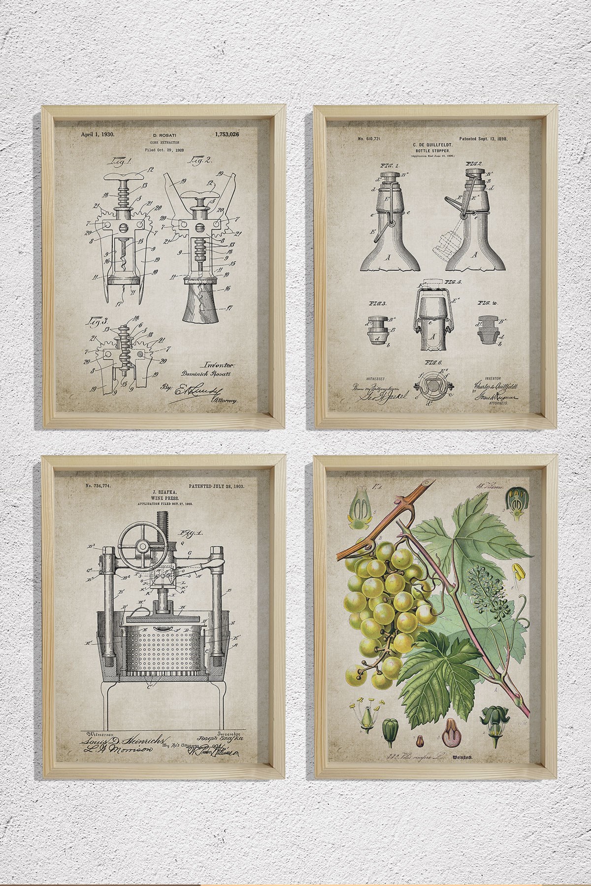 Doğal Çam Çerçeveli Duvar Tablosu Şarap Mahseni Patent Seti 1898 Yılı