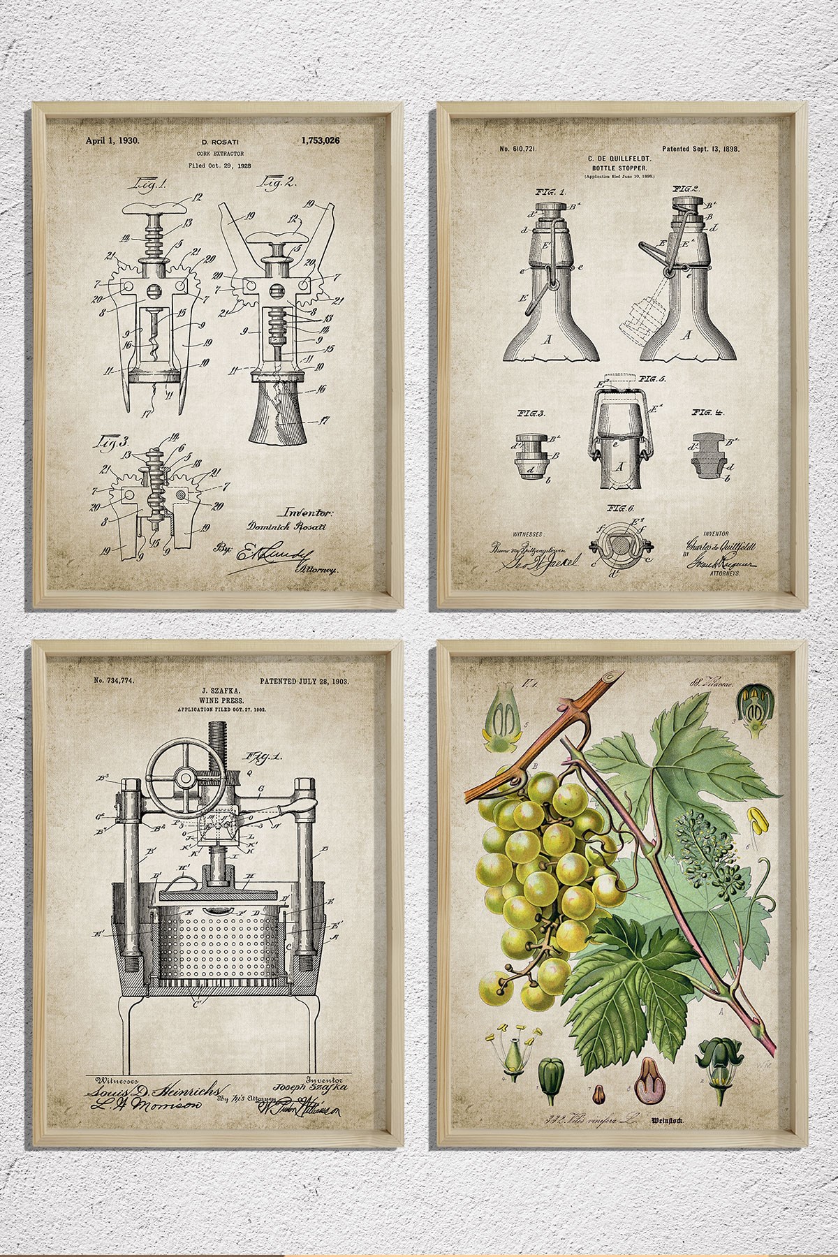 Doğal Çam Çerçeveli Duvar Tablosu Şarap Mahseni Patent Seti 1898 Yılı