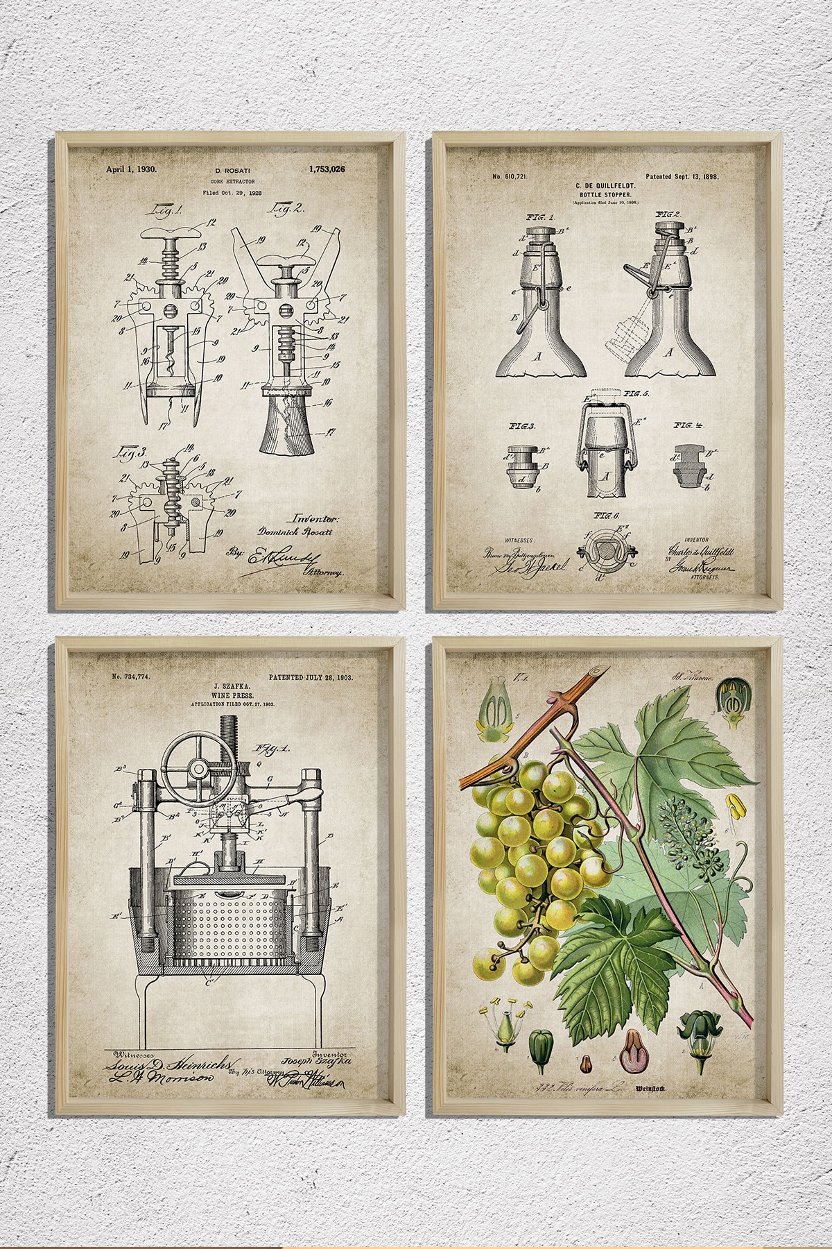 Doğal Çam Çerçeveli Duvar Tablosu Şarap Mahseni Patent Seti 1898 Yılı