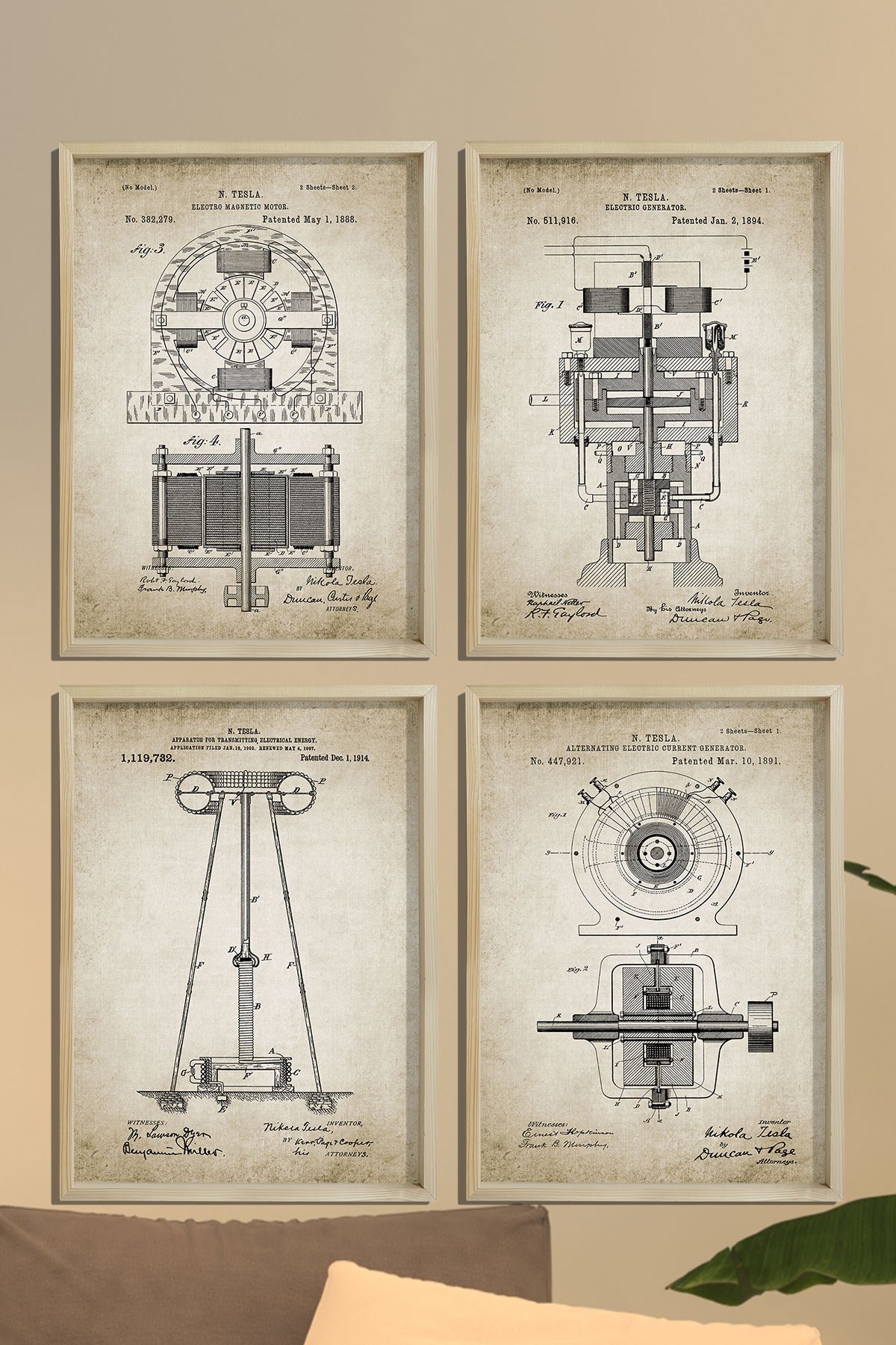 Doğal Çam Çerçeveli Duvar Tablosu Tesla Elektromanyetik Patent Seti 1888 Yılı