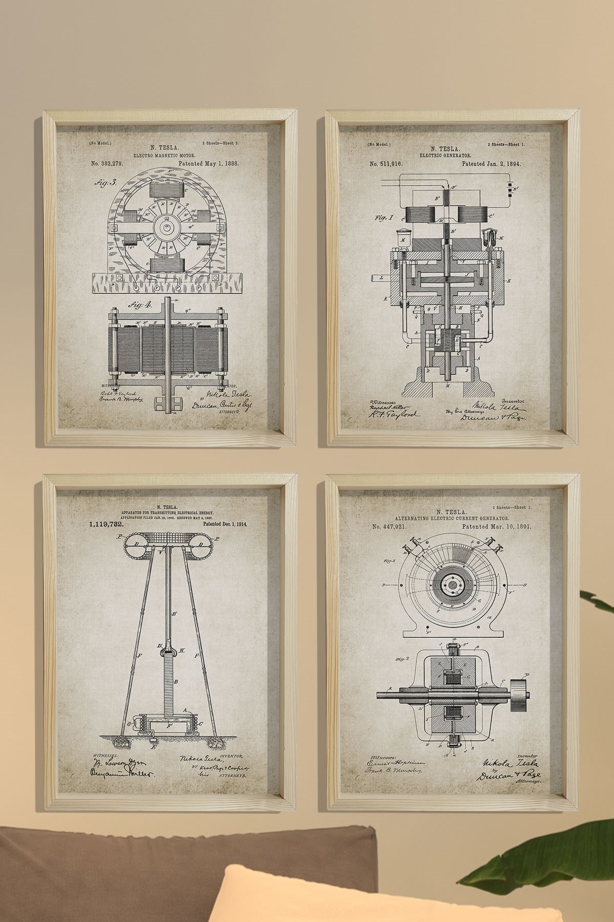 Doğal Çam Çerçeveli Duvar Tablosu Tesla Elektromanyetik Patent Seti 1888 Yılı