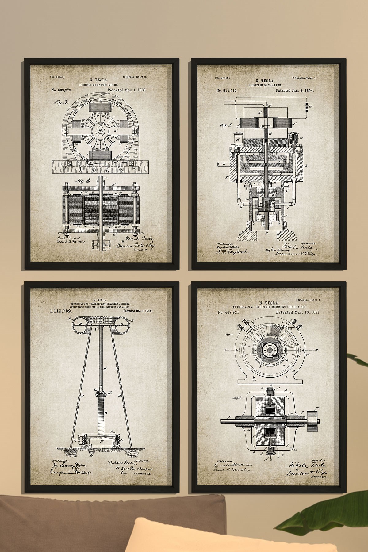 Doğal Çam Çerçeveli Duvar Tablosu Tesla Elektromanyetik Patent Seti 1888 Yılı