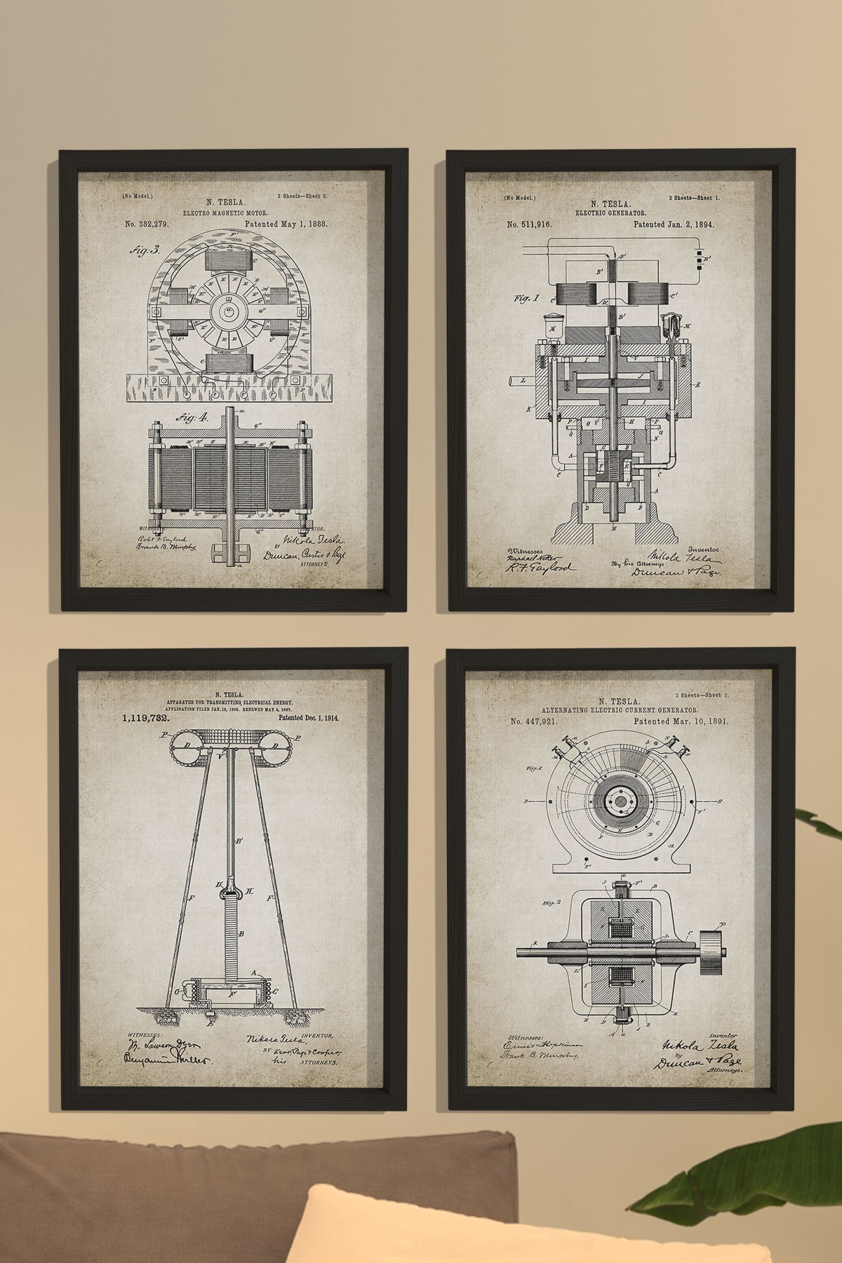 Doğal Çam Çerçeveli Duvar Tablosu Tesla Elektromanyetik Patent Seti 1888 Yılı