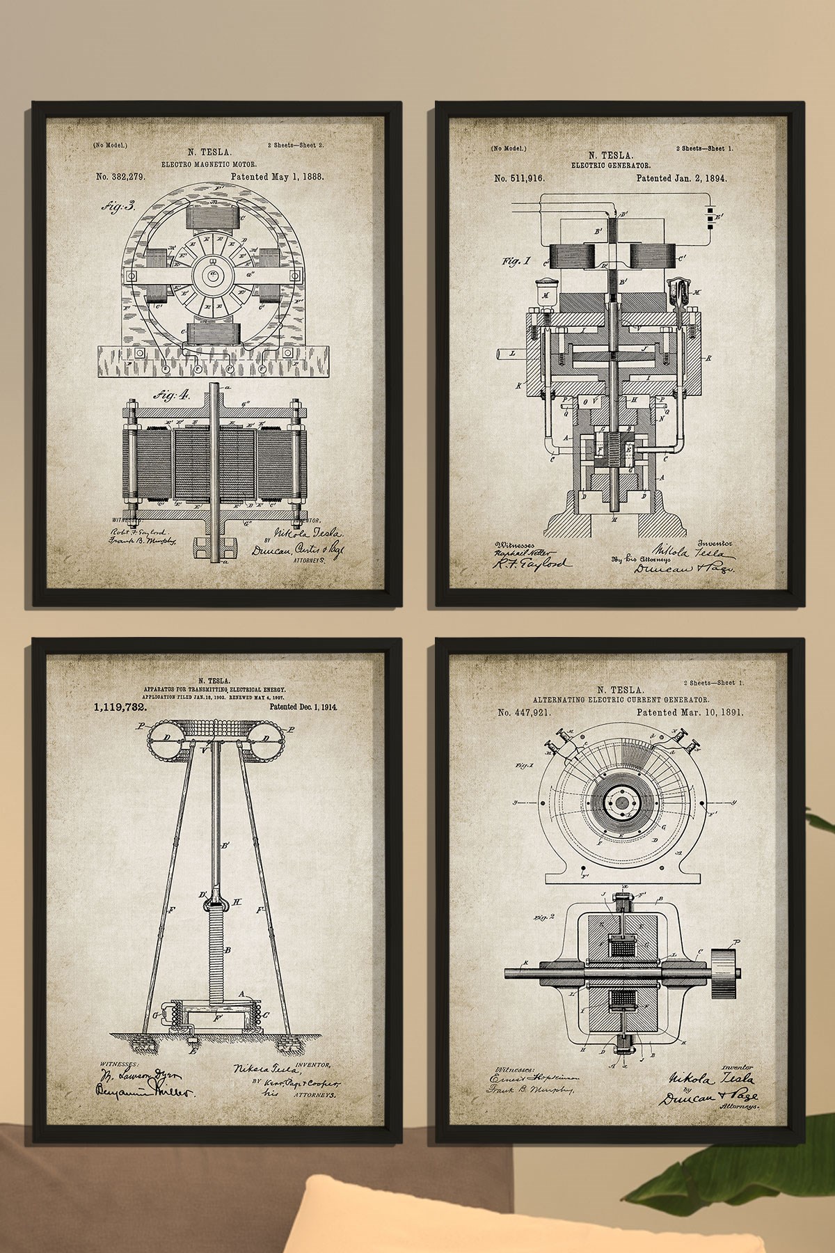 Doğal Çam Çerçeveli Duvar Tablosu Tesla Elektromanyetik Patent Seti 1888 Yılı