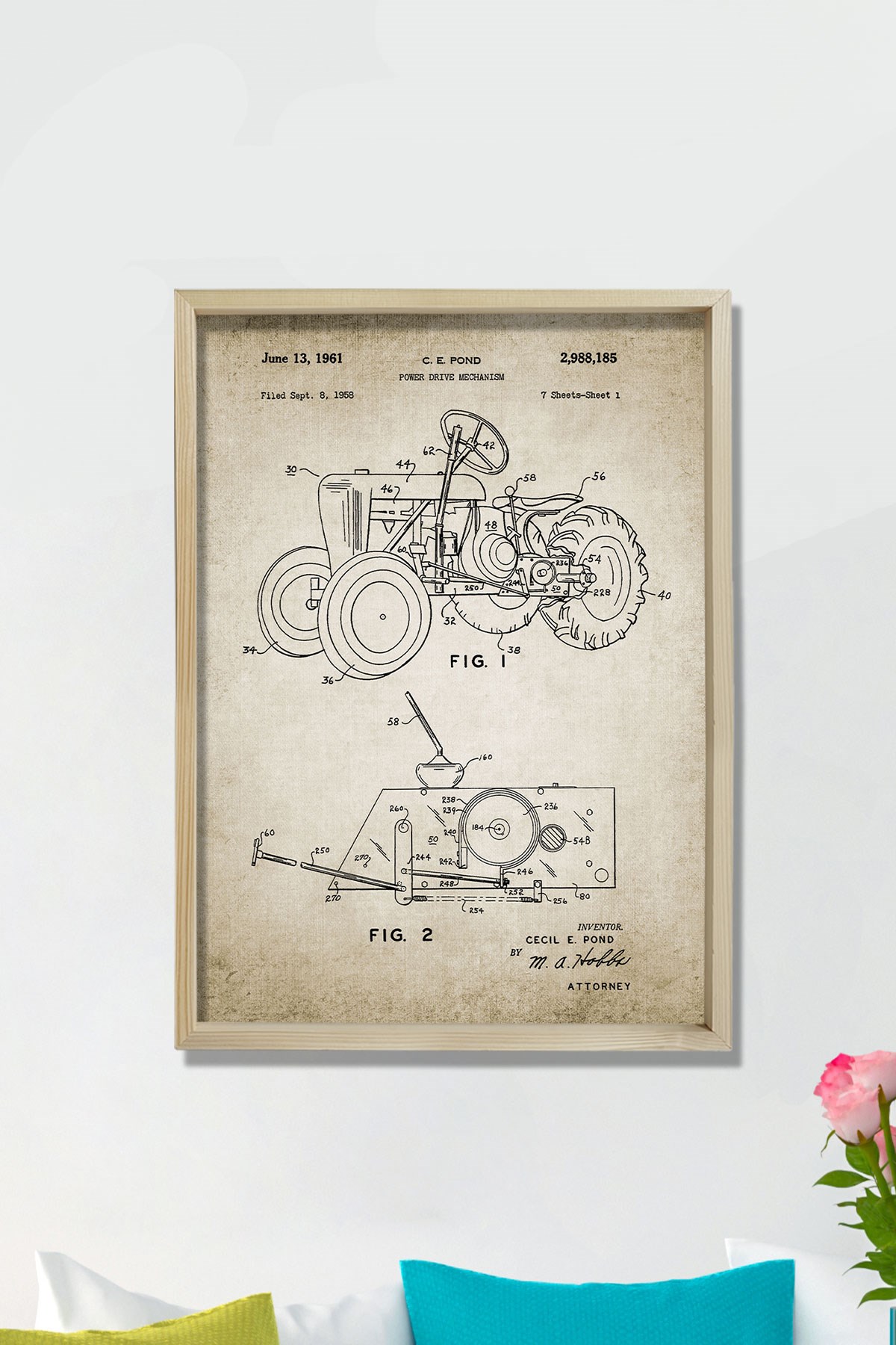 Doğal Çam Çerçeveli Duvar Tablosu Traktör Tasarım Patenti 1961