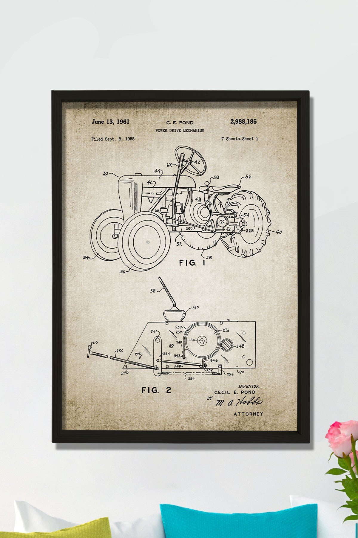 Doğal Çam Çerçeveli Duvar Tablosu Traktör Tasarım Patenti 1961