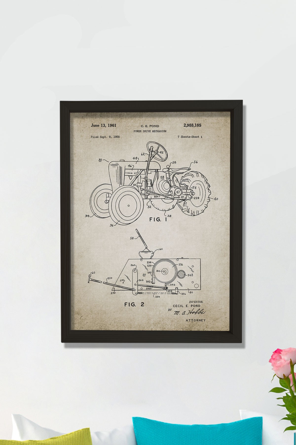 Doğal Çam Çerçeveli Duvar Tablosu Traktör Tasarım Patenti 1961