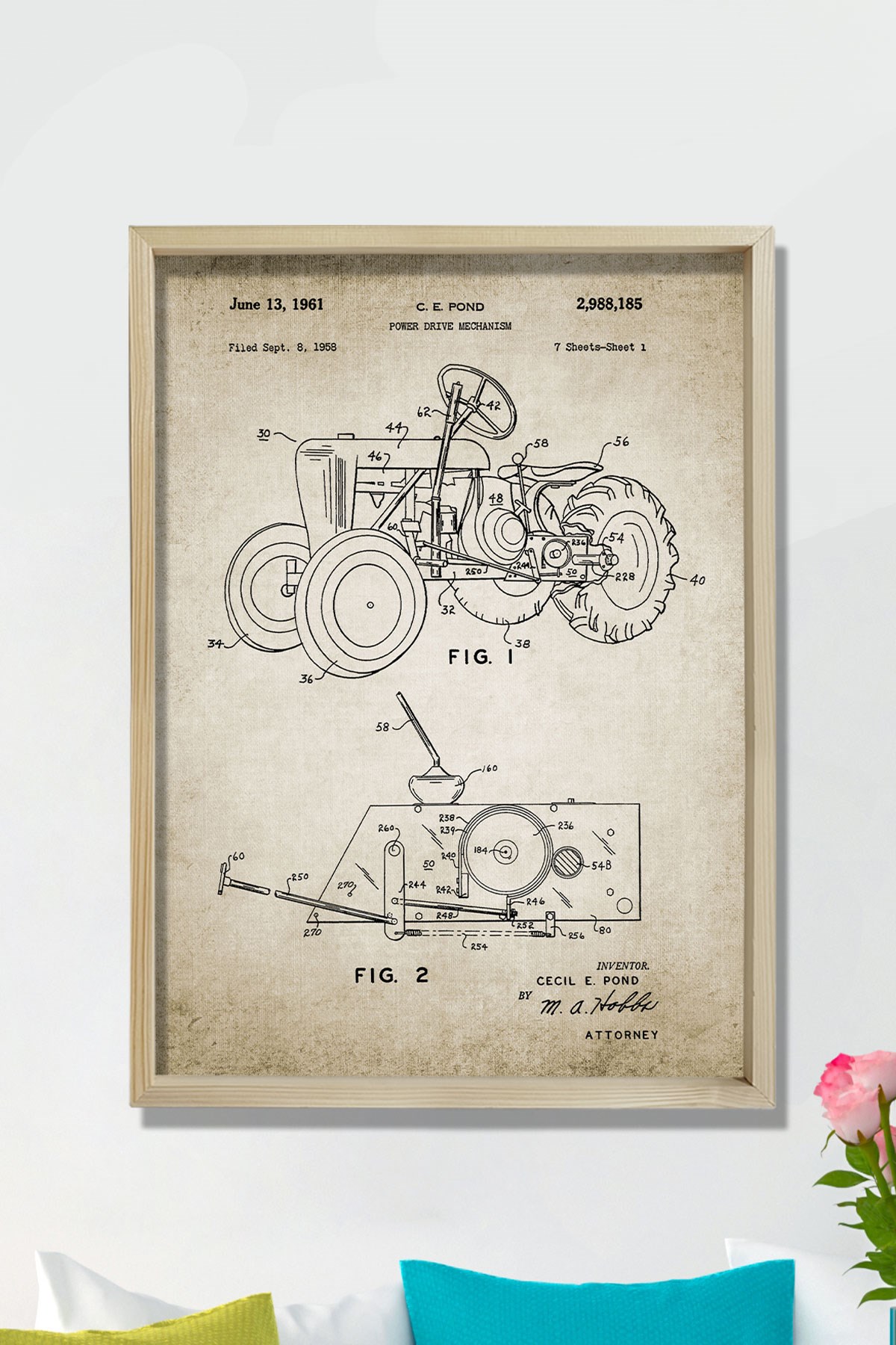Doğal Çam Çerçeveli Duvar Tablosu Traktör Tasarım Patenti 1961