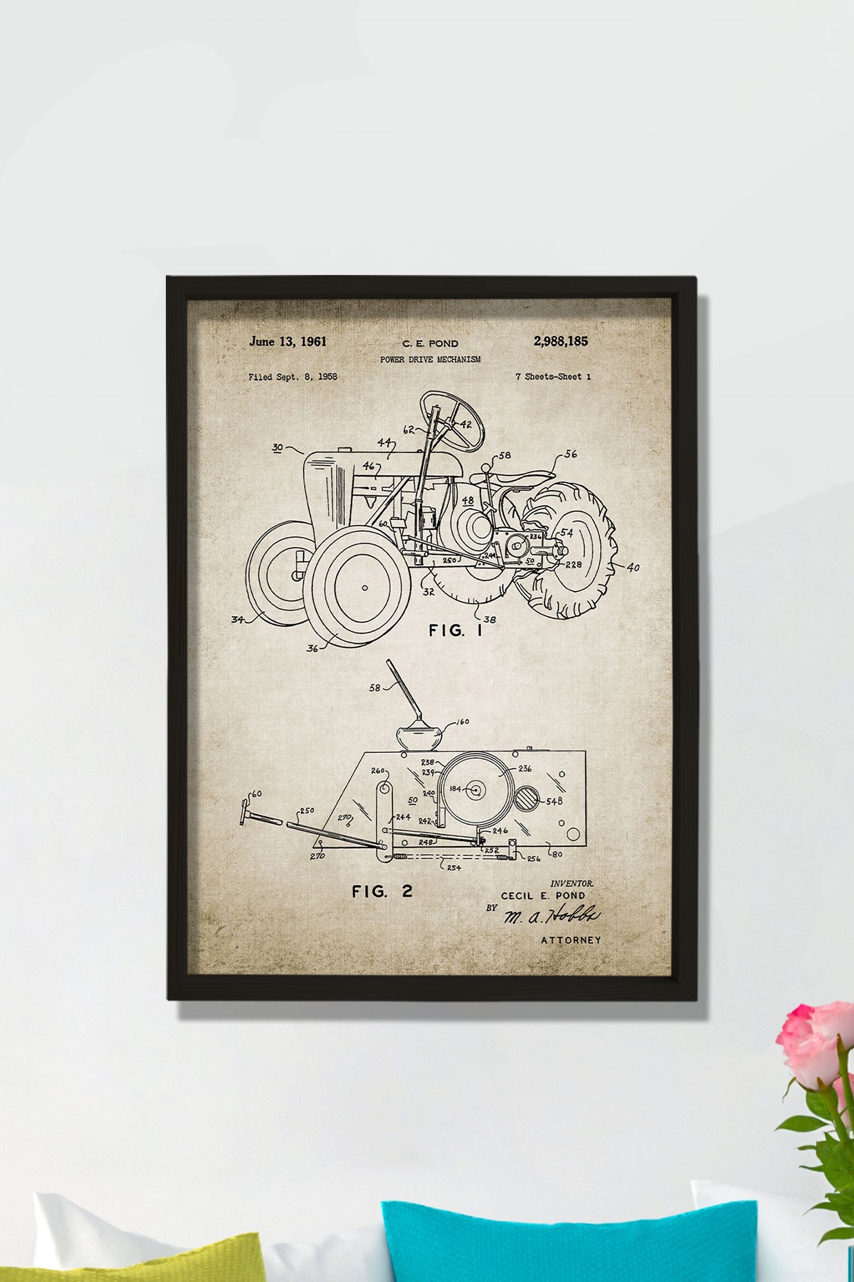 Doğal Çam Çerçeveli Duvar Tablosu Traktör Tasarım Patenti 1961