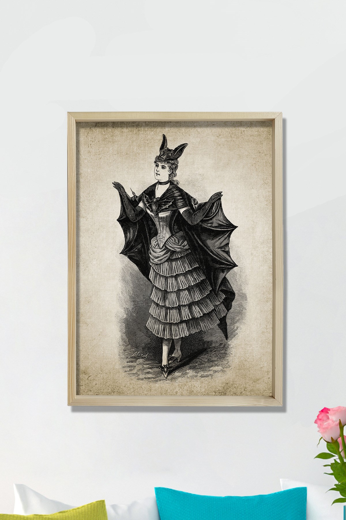 Doğal Çam Çerçeveli Duvar Tablosu Yarasa Kadın