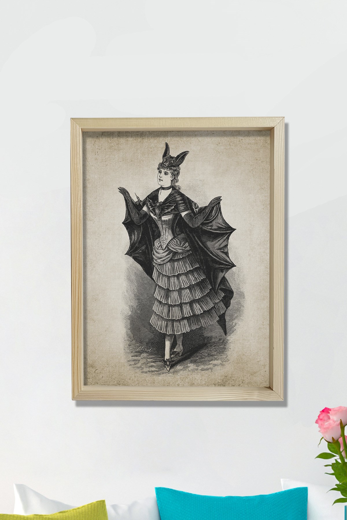 Doğal Çam Çerçeveli Duvar Tablosu Yarasa Kadın