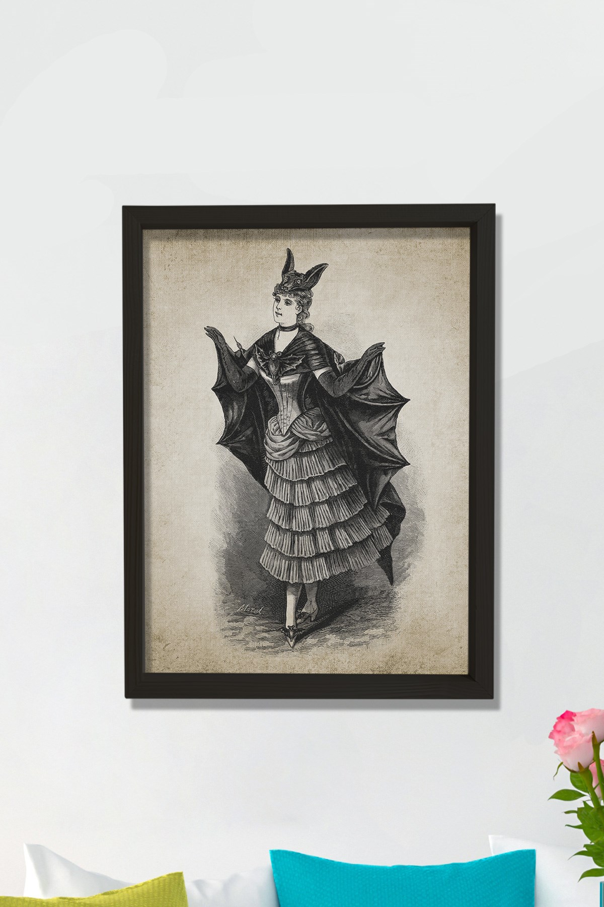 Doğal Çam Çerçeveli Duvar Tablosu Yarasa Kadın