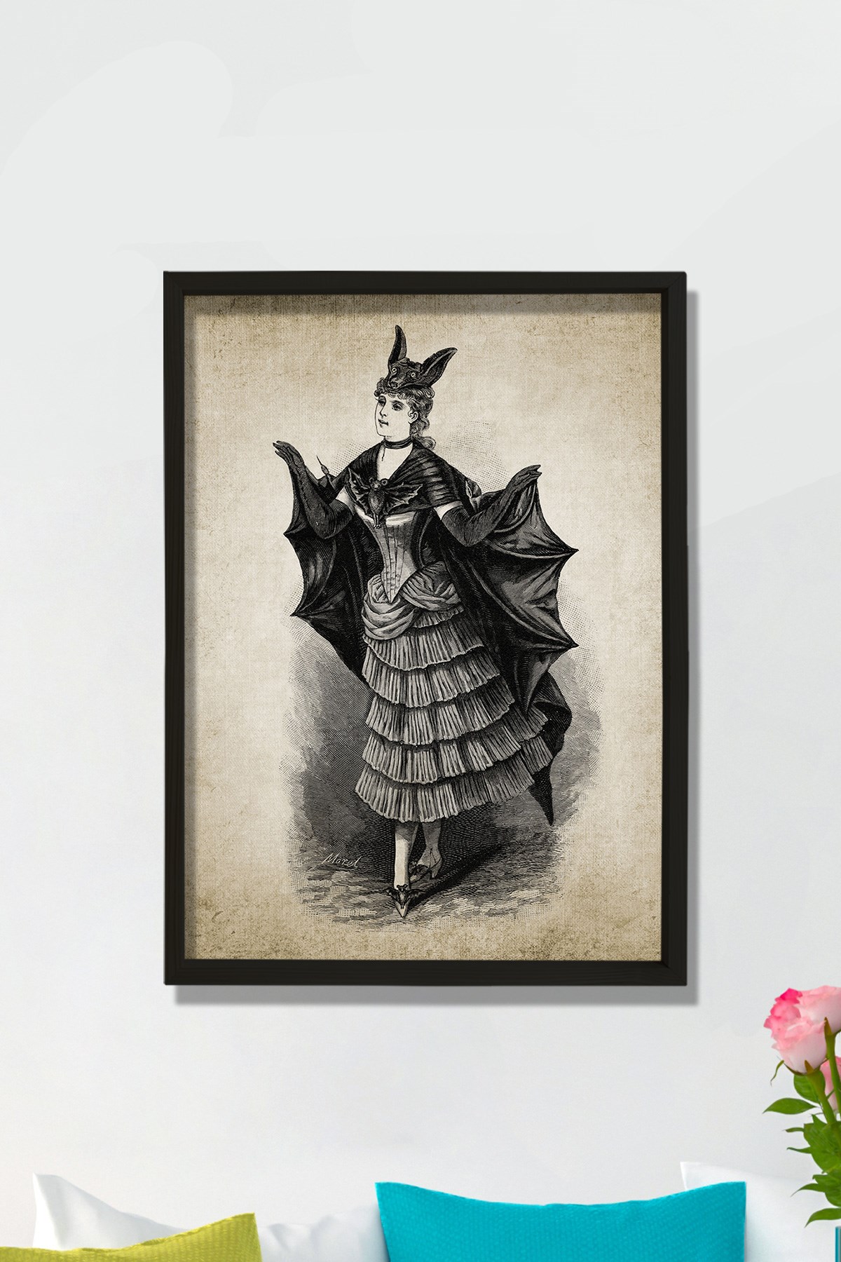 Doğal Çam Çerçeveli Duvar Tablosu Yarasa Kadın