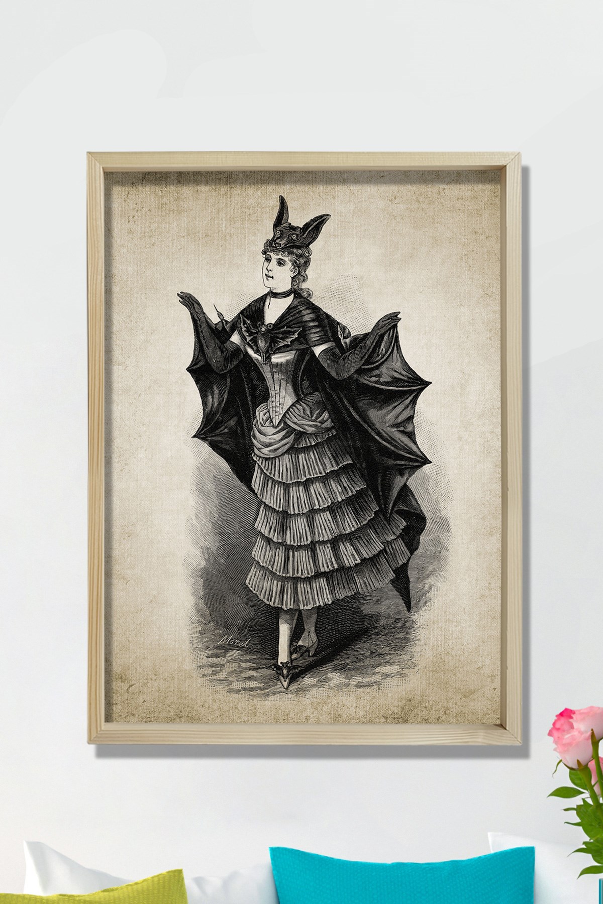 Doğal Çam Çerçeveli Duvar Tablosu Yarasa Kadın