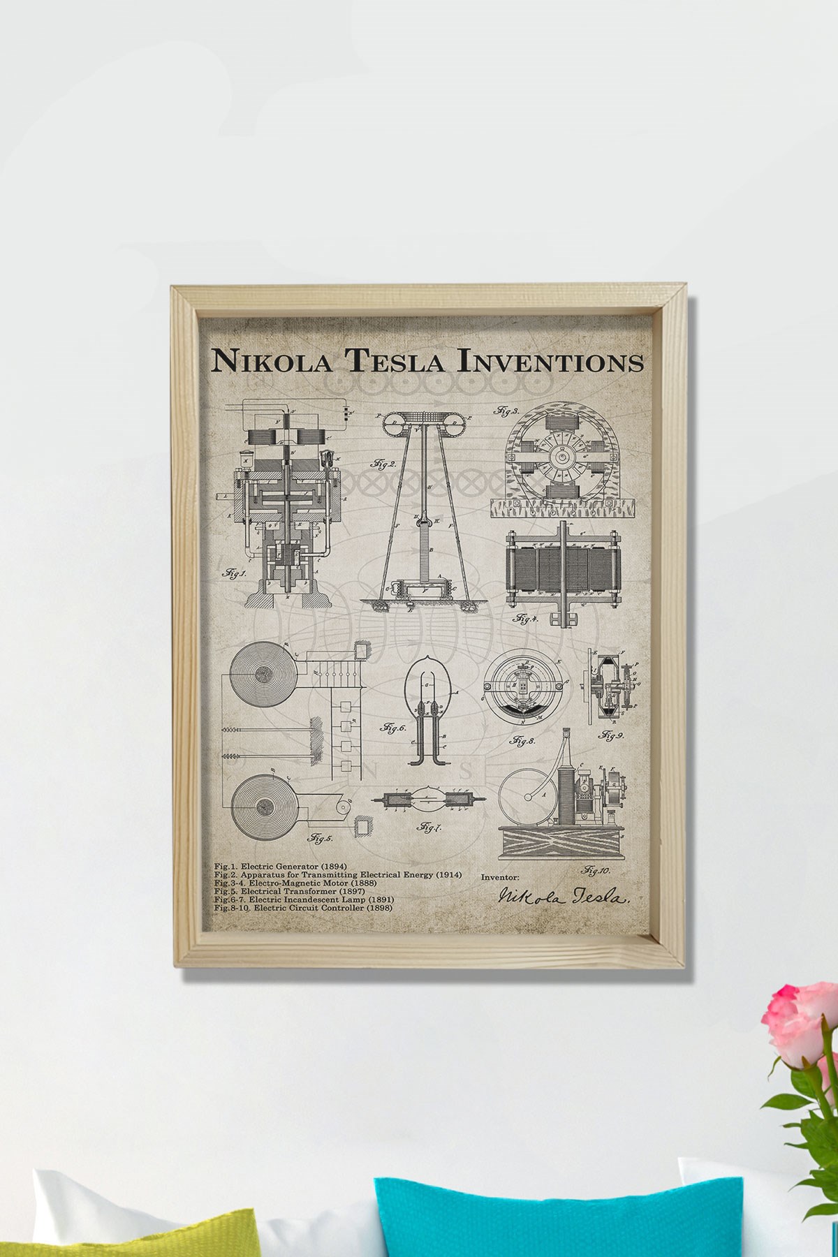 Doğal Çam Çerçeveli Mühendis Odası Duvar Tablosu Nicola Tesla Inverter Patentleri 1888 - 1894