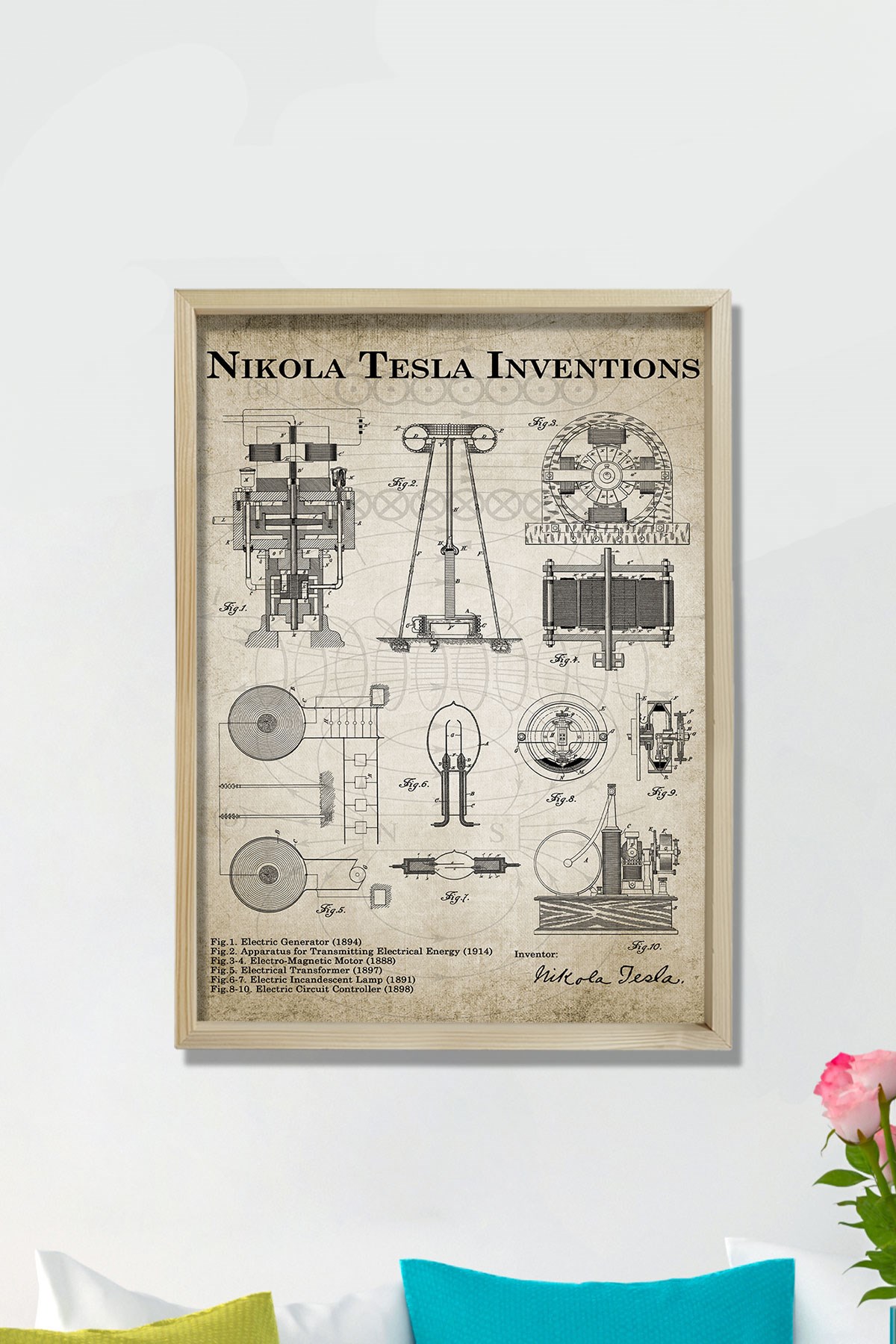 Doğal Çam Çerçeveli Mühendis Odası Duvar Tablosu Nicola Tesla Inverter Patentleri 1888 - 1894