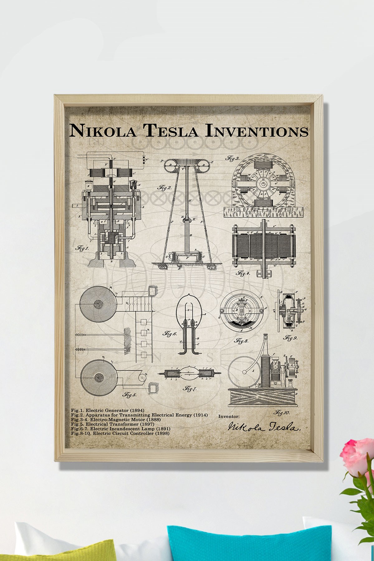 Doğal Çam Çerçeveli Mühendis Odası Duvar Tablosu Nicola Tesla Inverter Patentleri 1888 - 1894