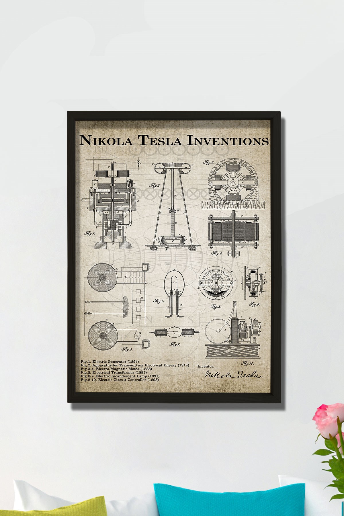 Doğal Çam Çerçeveli Mühendis Odası Duvar Tablosu Nicola Tesla Inverter Patentleri 1888 - 1894