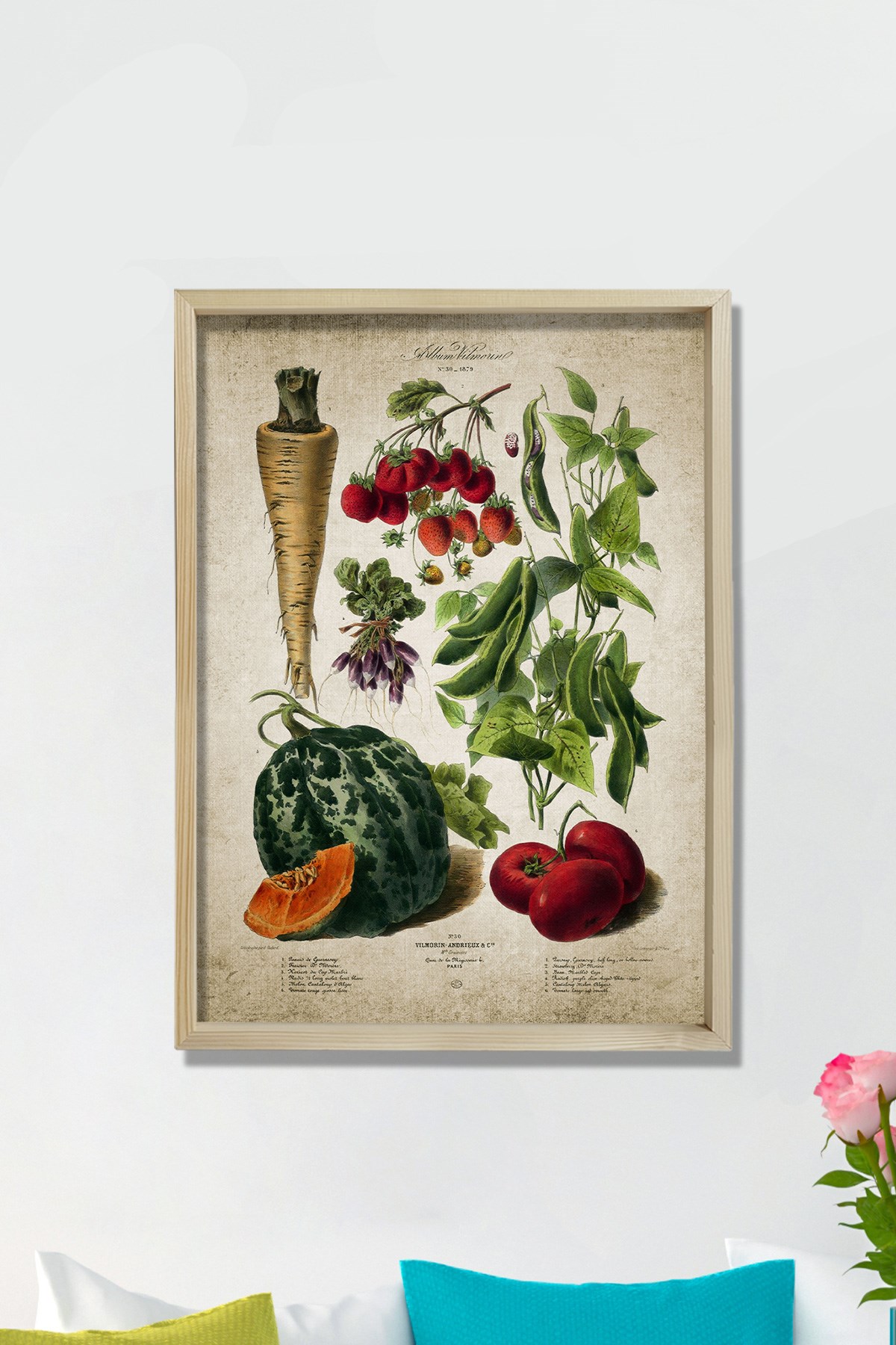 Doğal Çam Çerçeveli Mutfak Duvar Tablosu Sebzeler Antik Baskı