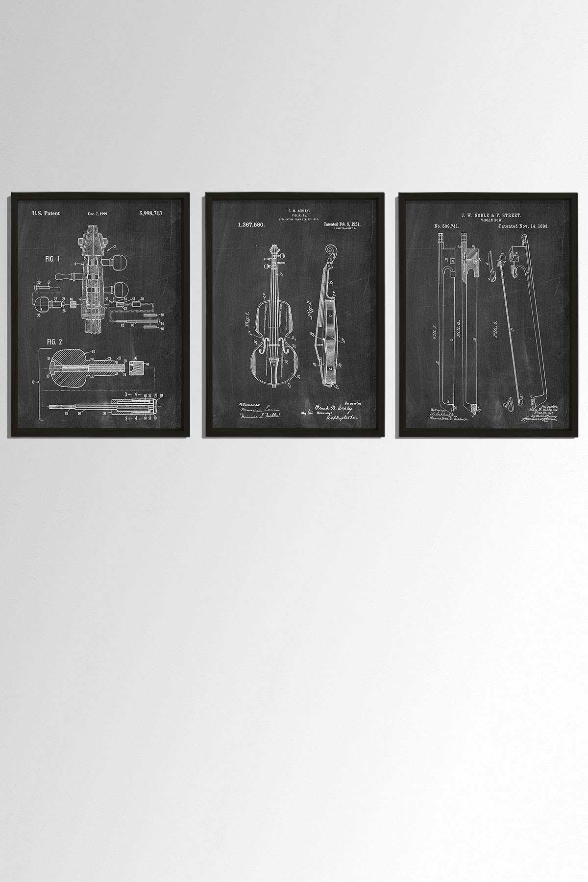 Doğal Çam Çerçeveli Müzik Odası Duvar Tablosu Antik Keman Tasarımı Patent Seti 1893