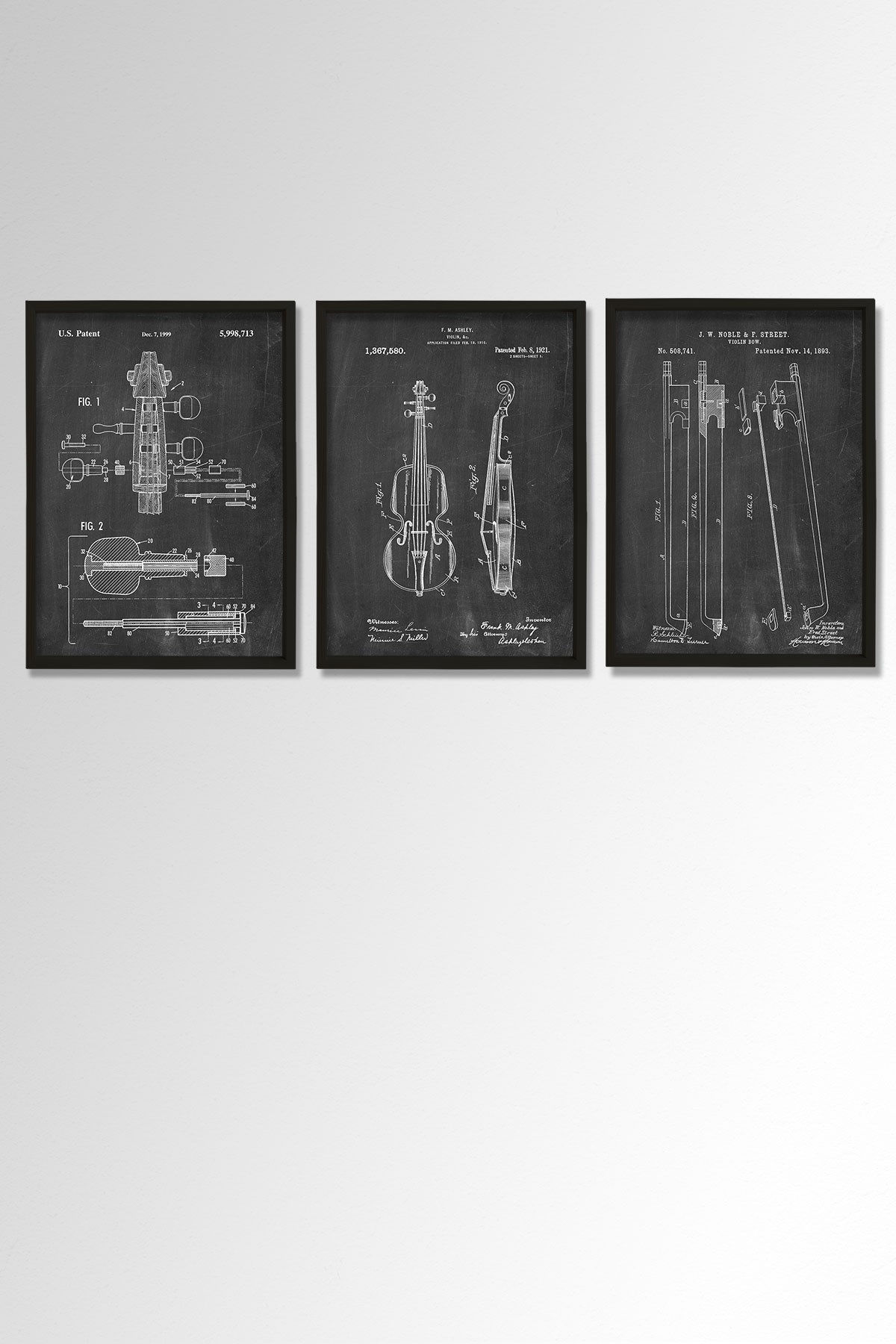 Doğal Çam Çerçeveli Müzik Odası Duvar Tablosu Antik Keman Tasarımı Patent Seti 1893