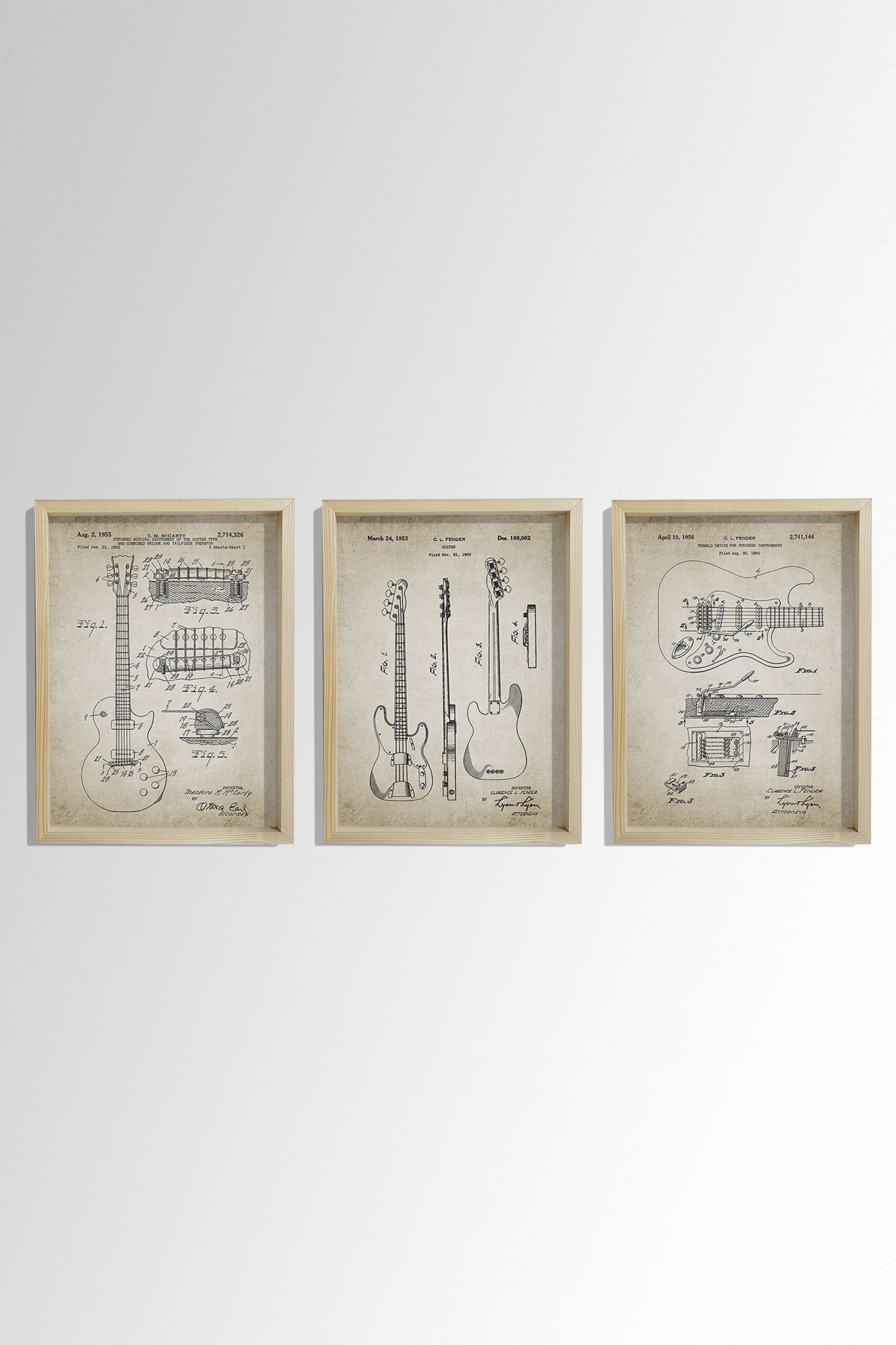 Doğal Çam Çerçeveli Müzik Odası Duvar Tablosu Antik Elektro Gitar Patenti 1953