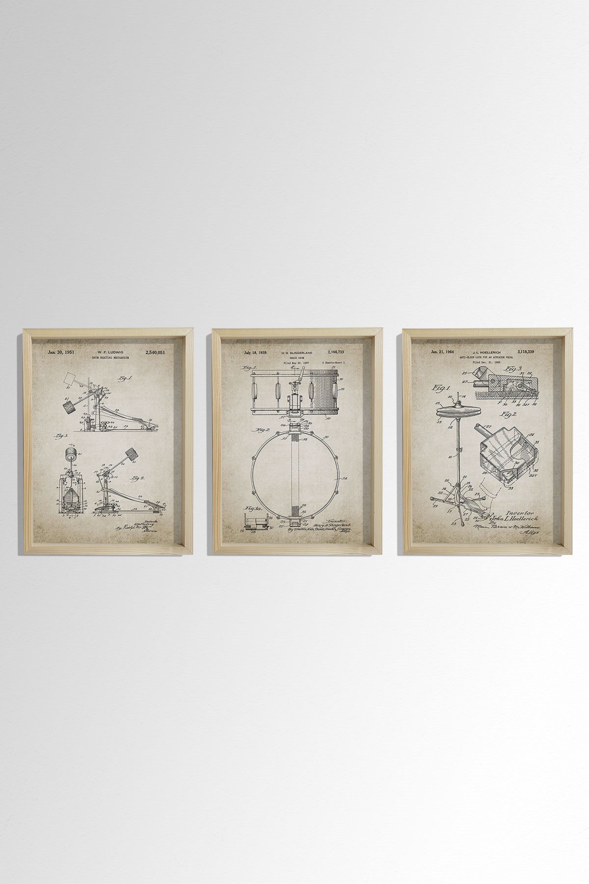 Doğal Çam Çerçeveli Müzik Odası Duvar Tablosu Antik Trampet - Zil - Davul Patenti 1939