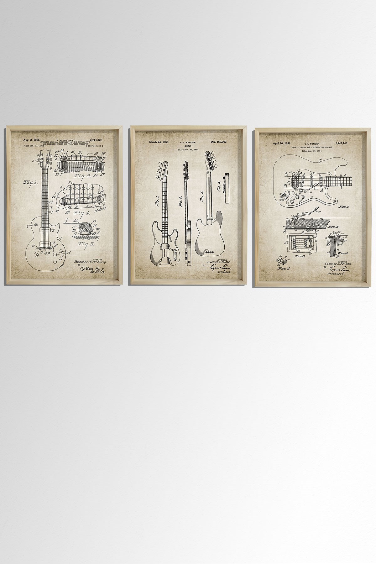 Doğal Çam Çerçeveli Müzik Odası Duvar Tablosu Antik Elektro Gitar Patenti 1953