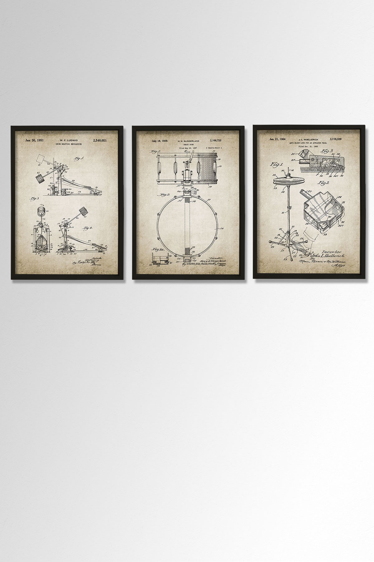 Doğal Çam Çerçeveli Müzik Odası Duvar Tablosu Antik Trampet - Zil - Davul Patenti 1939