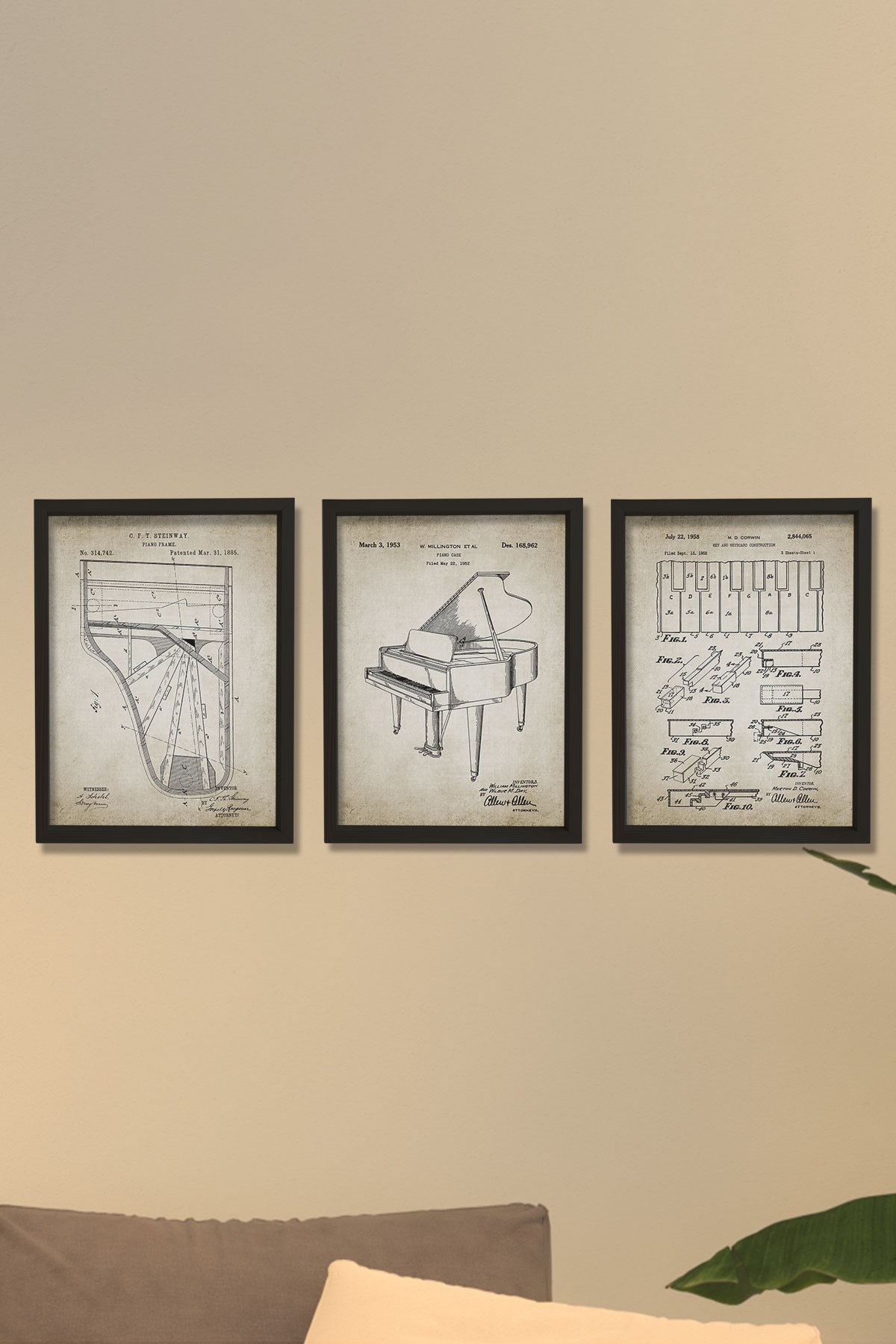 Doğal Çam Çerçeveli Müzik Odası Duvar Tablosu Antik Kuyruklu Piyano Patentleri 1885